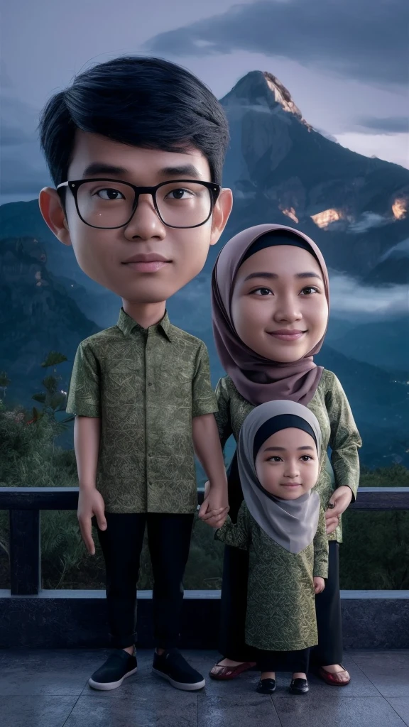 man 20 years old from indonesia thin faceshape, wearing glasses, flat expression, wearing green sage batik shirt, black pants, and black shoes. with woman 19 years old from indonesia wearing hijab, daughter wearing hijab, green sage batik. mountain view at night. caricature 3d., 3d render, portrait photography