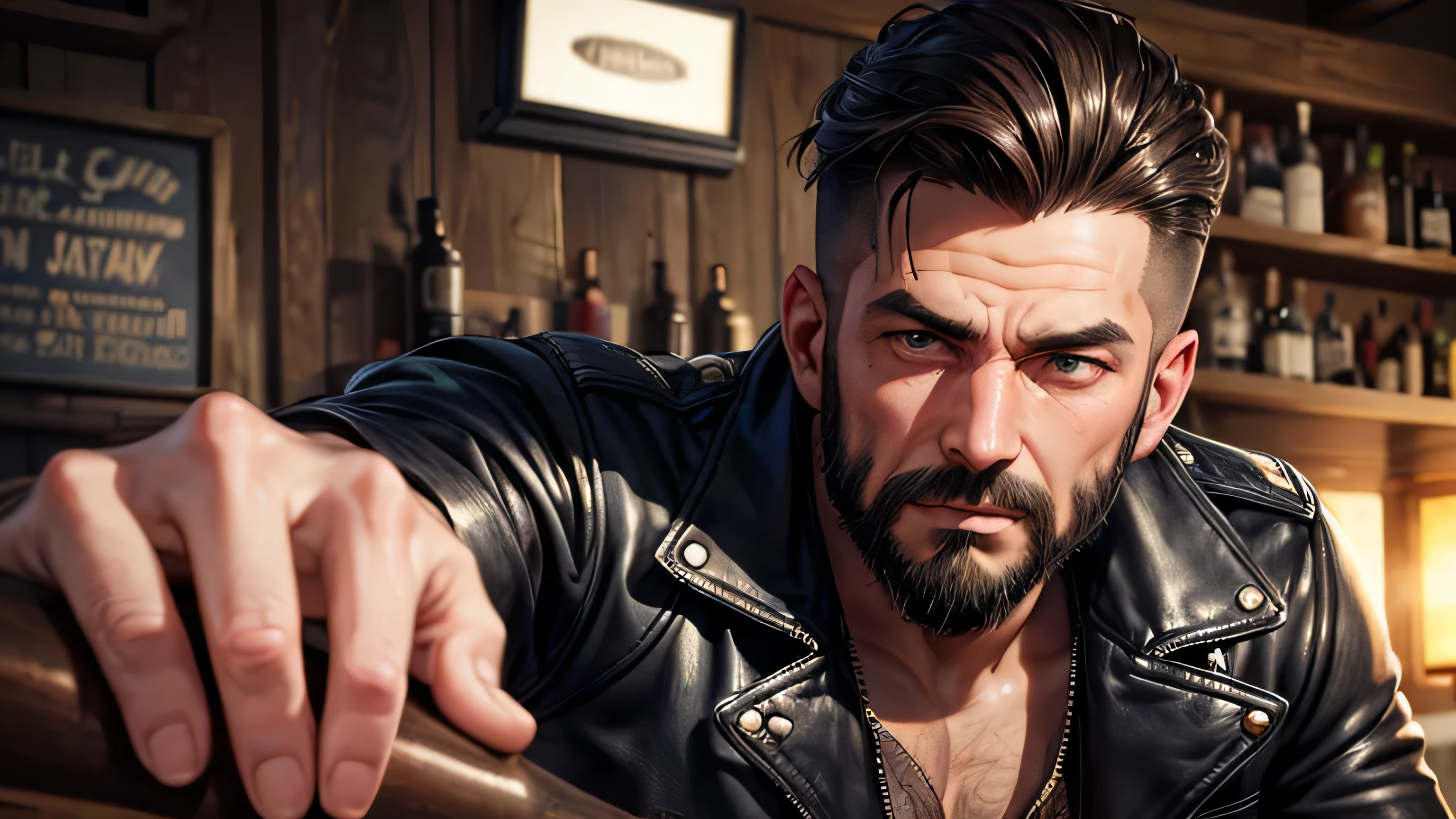 40s One man Leather jacket Short Hair beard A worn-out bar Bourbon Perfect and detailed facial expression Perfect and detailed eye depiction Perfect and detailed hair Perfectly detailed upper body Perfect and detailed breast depiction
