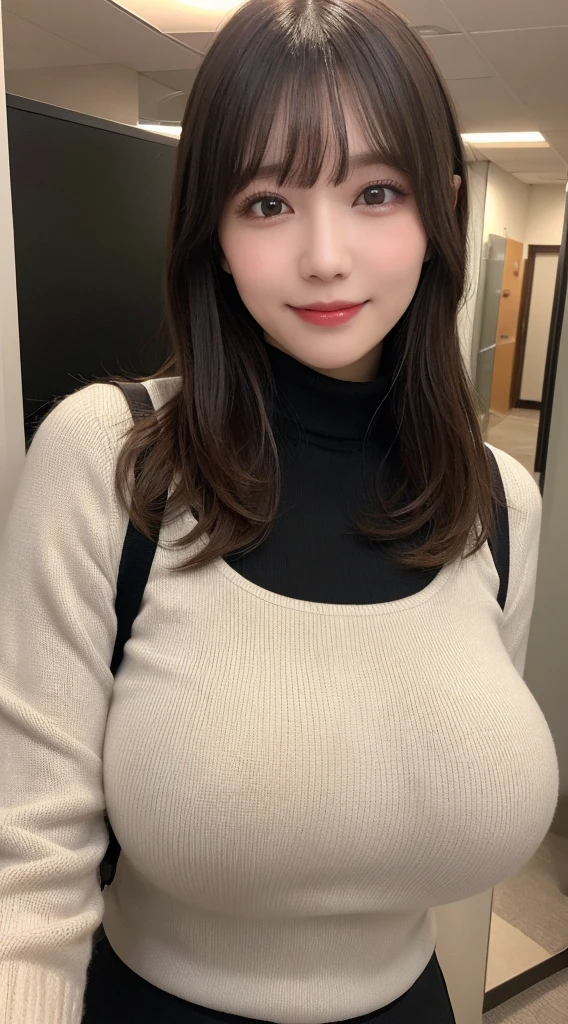 highest quality,Very detailed,finely,High resolution,8k wallpaper,Perfect dynamic composition,Office Lady,whole body,Are standing,knit,turtleneck,Shedding bangs,finelyて美しい目,Natural Lip,(Saggy big breasts:1.3),(Big Ass),smile,