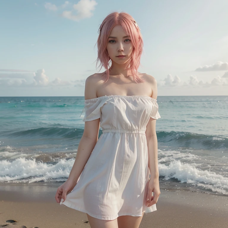 Anime. Young woman. with medium length pink hair, a little kinky. She has light green eyes. She is dressed in a knee-length white dress, off the shoulder dress. Against the background of the sea.