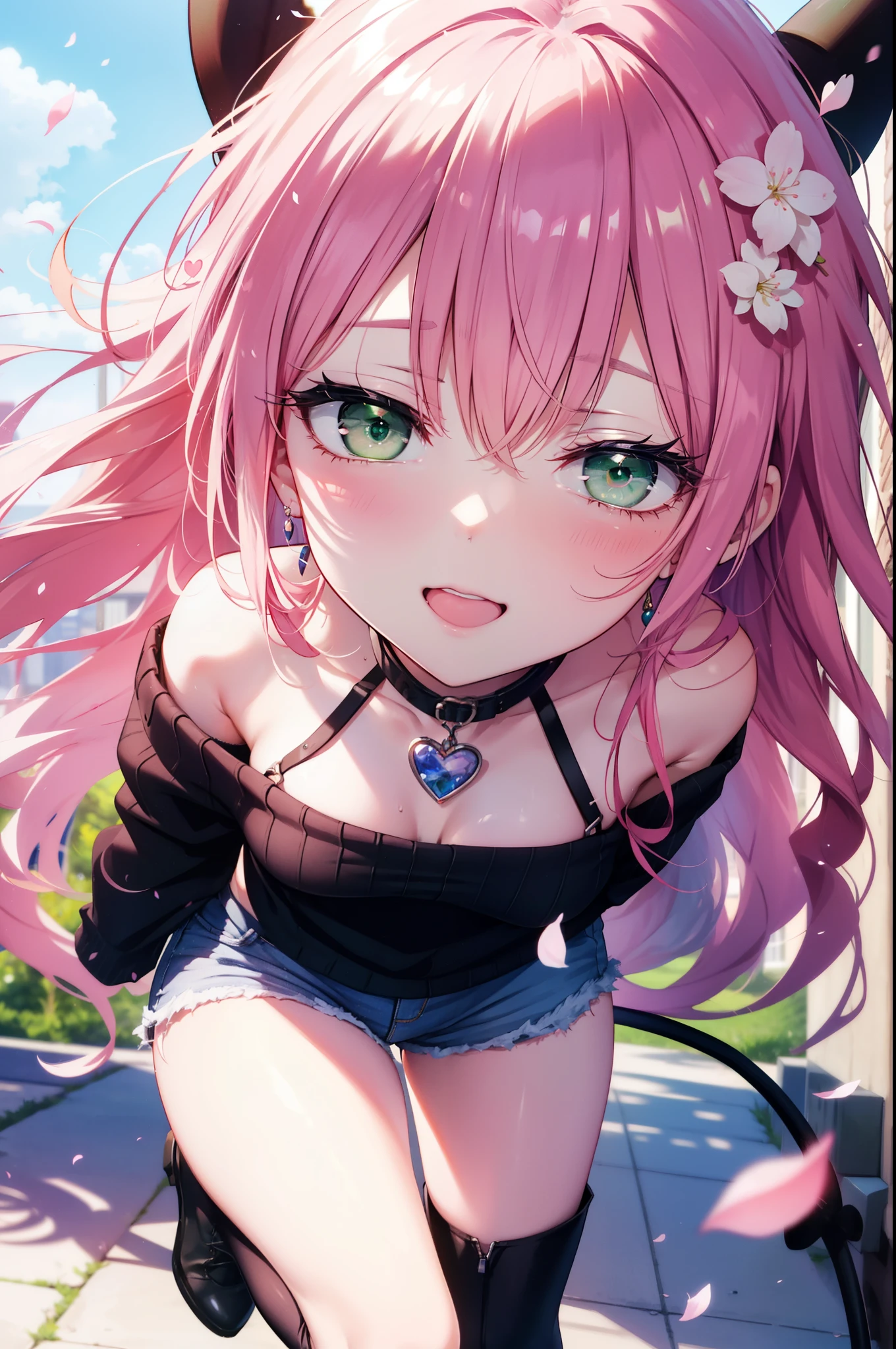 Lara Deviluke, Lara Deviluke, Long Hair, Pink Hair, tail, Ahoge, bangs, hair ornaments, (Green Eyes:1.5), happy smile, smile, Open your mouth,demon tail,Off-the-shoulder sweater,Exposing shoulders,bare clavicle,Bare neck,Heart Pendant,Shorts,Black Pantyhose,short boots,Cherry blossoms are blooming,Cherry blossoms are scattered,Cherry blossom tree-lined path,Daytime,Clear skies,
break outdoors, city,ビル街
break looking at viewer, (Cowboy Shot:1. 5)
break (masterpiece:1.2), highest quality, High resolution, unity 8k w全てpaper, (shape:0.8), (beautiful detailed eyes:1.6), extremely detailed face, Perfect lighting, extremely detailed CG, (Perfect hands, Perfect Anatomy),