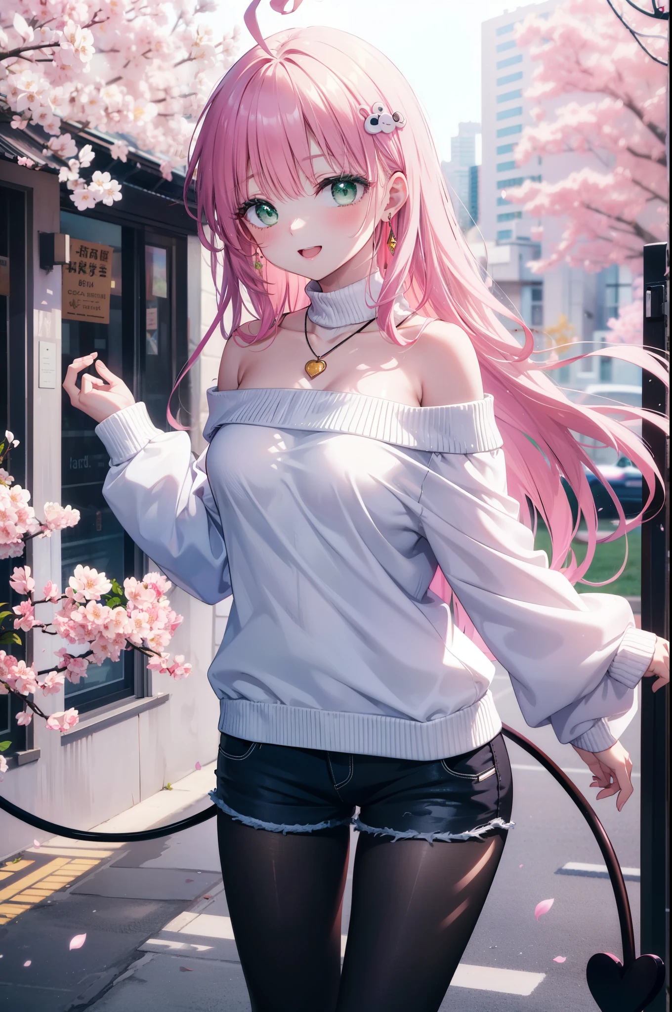 Lara Deviluke, Lara Deviluke, Long Hair, Pink Hair, tail, Ahoge, bangs, hair ornaments, (Green Eyes:1.5), happy smile, smile, Open your mouth,demon tail,Off-the-shoulder sweater,Exposing shoulders,bare clavicle,Bare neck,Heart Pendant,Shorts,Black Pantyhose,short boots,Cherry blossoms are blooming,Cherry blossoms are scattered,Cherry blossom tree-lined path,Daytime,Clear skies,
break outdoors, city,ビル街
break looking at viewer, (Cowboy Shot:1. 5)
break (masterpiece:1.2), highest quality, High resolution, unity 8k w全てpaper, (shape:0.8), (beautiful detailed eyes:1.6), extremely detailed face, Perfect lighting, extremely detailed CG, (Perfect hands, Perfect Anatomy),