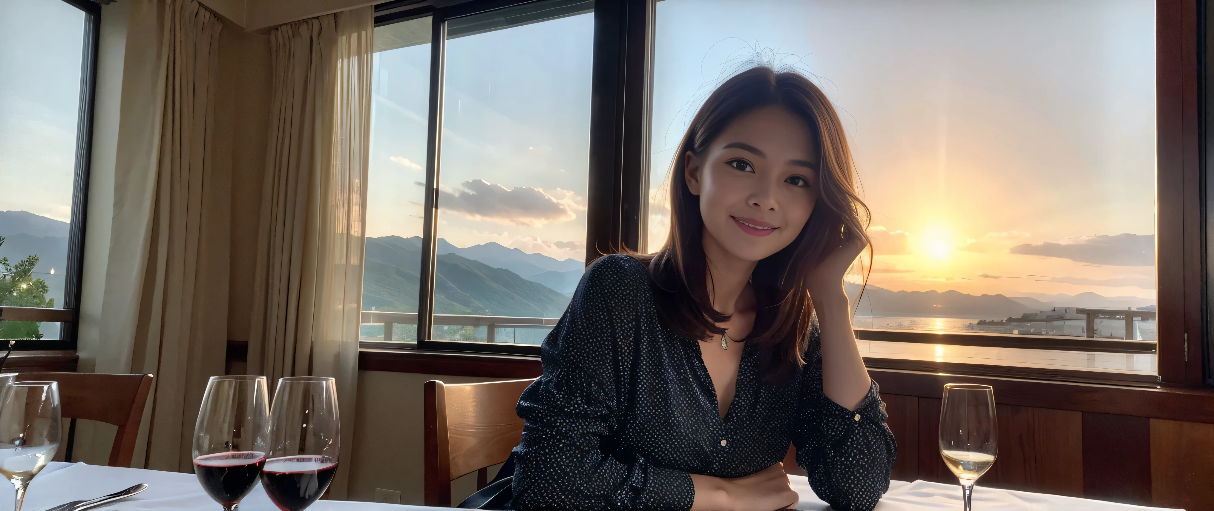 ((highest quality、8k、masterpiece:1.3))、Sharp focus:1.2、Beautiful woman perfect body:1.4、Slim body、((Bob Hale、Straight hair:1.2))、(to be born, highest quality, masterpiece:1.5), (Realistic, Intricate details:1.2), Ultra-high resolution, Please shine a light on my face、Amazing view of the sunset sky and clouds、Amazing mountain views、A bright smile、wine glass、red wine 、Appetizers、Italian food、Wine bottle、Champagne、sparkling wine、, Beautiful Face, blue eyes, The light shines on your face, Blushing, short hair,Bright Face、Fox face、 (36 years old), 39 years old, Lady、Two beauties、Brown Hair、Shortcuts、Long sleeve shirt、dress、Pretty Woman 1, (Slim face), (The body is slim), (Brown Hair), (Shortcuts), cheeks turn a little red,Attractive beauty、, Out of the window, A beautiful and detailed night view unfolds.........., restaurant, In a prominent place (From the waist up) Nova Frog Style, actress, model, Upper Body, White wine, slim, wine glass, A wine glass placed in the middle, smile, (smile: 1.15), Beautiful fine grain, Depth f/2,saturation, High Contrast, Strong light and shadow,Moist Body:1.5、3D texture、Delicate eyes、Brown Hair、The hair is very shiny、