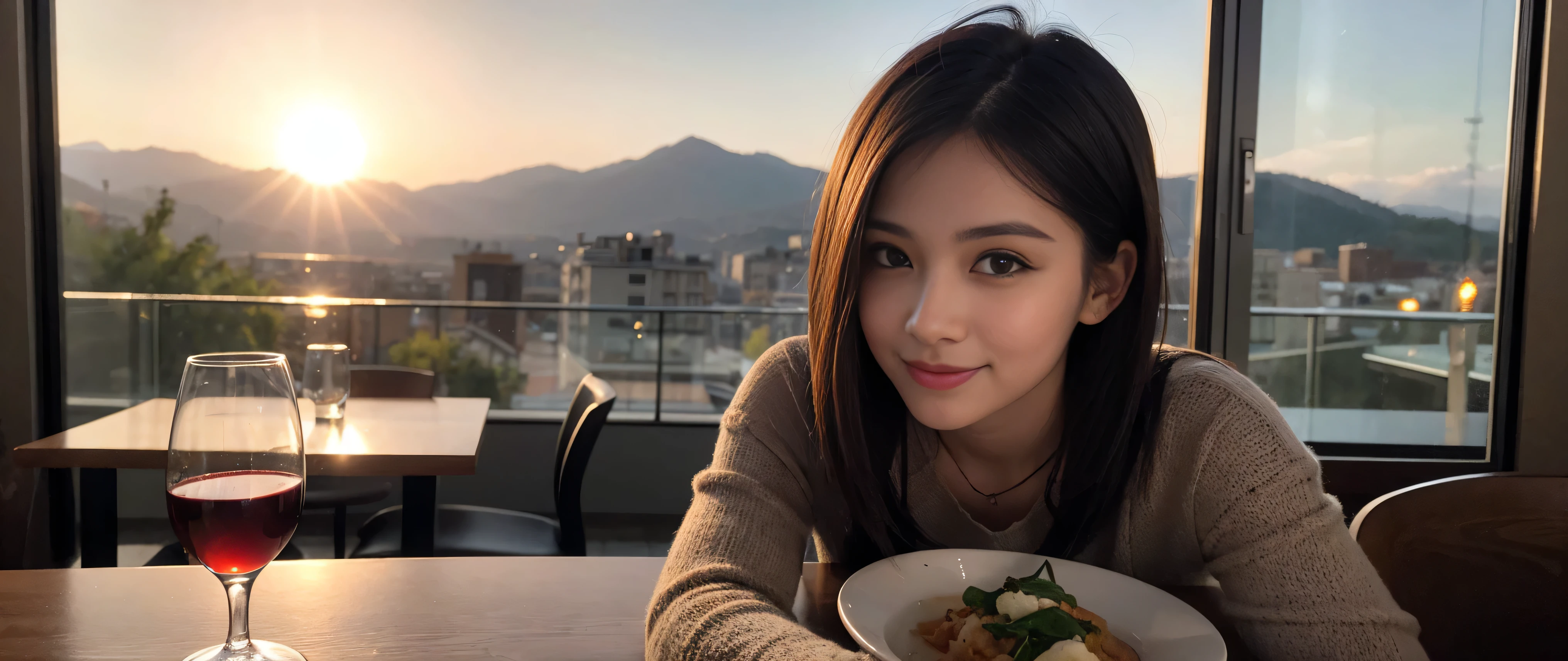 ((highest quality、8k、masterpiece:1.3))、Sharp focus:1.2、Beautiful woman perfect body:1.4、Slim body、((Bob Hale、Straight hair:1.2))、(to be born, highest quality, masterpiece:1.5), (Realistic, Intricate details:1.2), Ultra-high resolution, Please shine a light on my face、Amazing view of the sunset sky and clouds、Amazing mountain views、A bright smile、wine glass、red wine 、Appetizers、Italian food、Wine bottle、Champagne、sparkling wine、, Beautiful Face, blue eyes, The light shines on your face, Blushing, short hair,Bright Face、Fox face、 (36 years old), 39 years old, Lady、Two beauties、Brown Hair、Shortcuts、Long sleeve shirt、dress、Pretty Woman 1, (Slim face), (The body is slim), (Brown Hair), (Shortcuts), cheeks turn a little red,Attractive beauty、, Out of the window, A beautiful and detailed night view unfolds.........., restaurant, In a prominent place (From the waist up) Nova Frog Style, actress, model, Upper Body, White wine, slim, wine glass, A wine glass placed in the middle, smile, (smile: 1.15), Beautiful fine grain, Depth f/2,saturation, High Contrast, Strong light and shadow,Moist Body:1.5、3D texture、Delicate eyes、Brown Hair、The hair is very shiny、