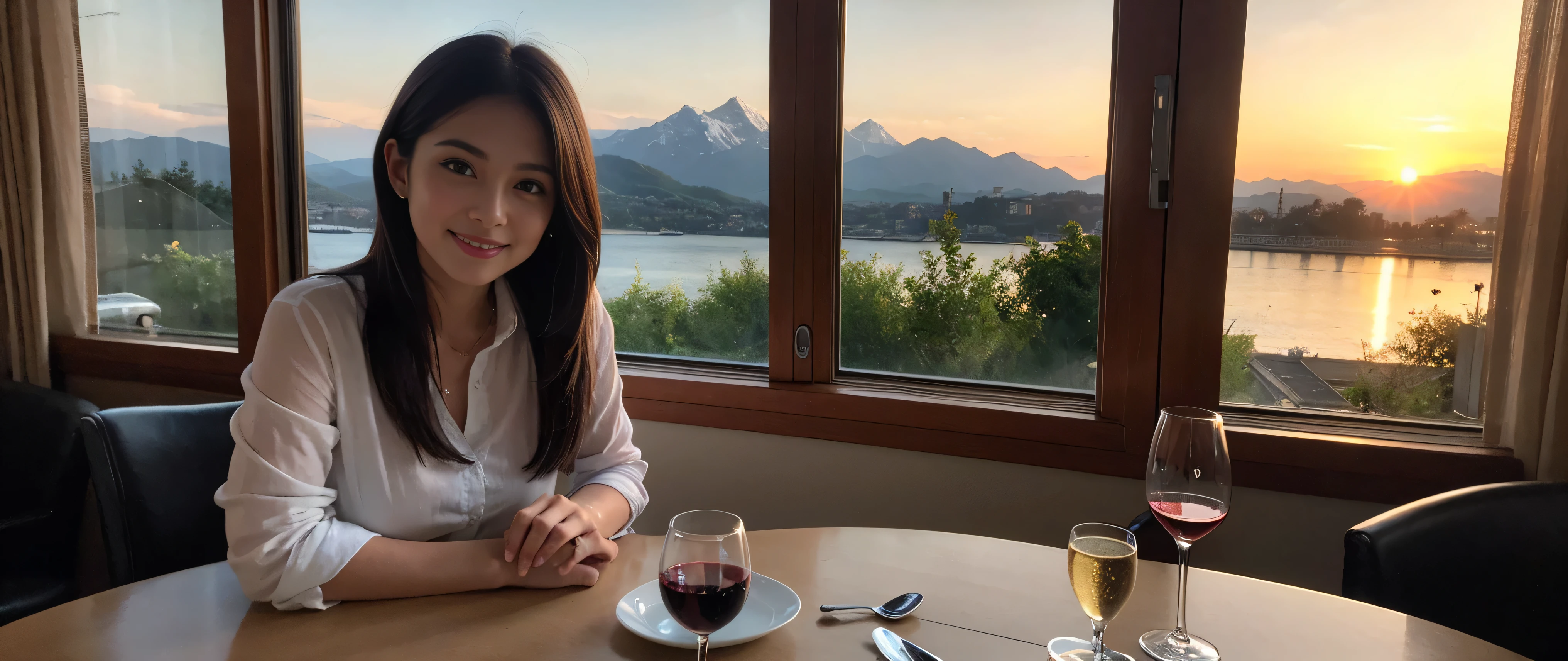 ((highest quality、8k、masterpiece:1.3))、Sharp focus:1.2、Beautiful woman perfect body:1.4、Slim body、((Bob Hale、Straight hair:1.2))、(to be born, highest quality, masterpiece:1.5), (Realistic, Intricate details:1.2), Ultra-high resolution, Please shine a light on my face、Amazing view of the sunset sky and clouds、Amazing mountain views、A bright smile、wine glass、red wine 、Appetizers、Italian food、Wine bottle、Champagne、sparkling wine、, Beautiful Face, blue eyes, The light shines on your face, Blushing, short hair,Bright Face、Fox face、 (36 years old), 39 years old, Lady、Two beauties、Brown Hair、Shortcuts、Long sleeve shirt、dress、Pretty Woman 1, (Slim face), (The body is slim), (Brown Hair), (Shortcuts), cheeks turn a little red,Attractive beauty、, Out of the window, A beautiful and detailed night view unfolds.........., restaurant, In a prominent place (From the waist up) Nova Frog Style, actress, model, Upper Body, White wine, slim, wine glass, A wine glass placed in the middle, smile, (smile: 1.15), Beautiful fine grain, Depth f/2,saturation, High Contrast, Strong light and shadow,Moist Body:1.5、3D texture、Delicate eyes、Brown Hair、The hair is very shiny、