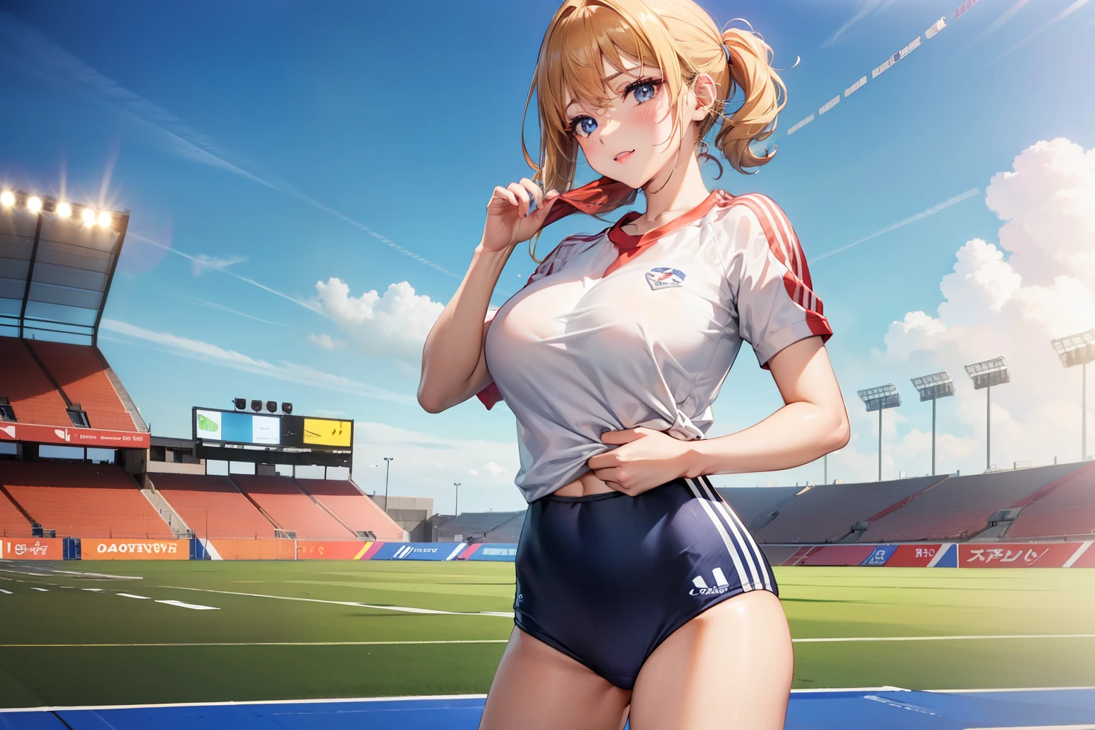  ((Best Quality)),official art, 8k cg wallpaper, Multiple girls,(10 Mature idol girls standing side by side), 25-years old, Looking at Viewer, Stadium fields and tracks, (Separete Sportswear:1.4), (oened cloth:1.3), (Big breasts), Black hair, Blonde hair, Beige hair, (glad:1.3), ( Tuck Up Sportswear:1.7 ), Opened cloth ,Even before shooting, bra:1.5, panty:1.6