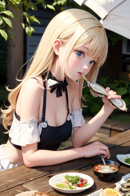 (best quality:1.1), (masterpiece:1.4), (absurdres:1.0),  portrait, close-up,
1girl, ekaterina kurae,left hand up, showing armpits, cum(armpits) ,twintails, low-tied_long_hair, hair ends, very long hair, blonde hair, flat chest, blue eyes, black dress, maid headdress, neck ribbon, looking at viewer, outdoors, (blush:1.2), city, left hand up, armpits, mouth full of cum,
