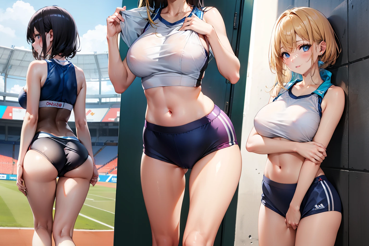 ((Best Quality)), ((Masterpiece)), 8k, Multiple girls,(10 Mature idol girls standing side by side), 25-years old, Looking at Viewer, Stadium fields and tracks, (Separete Sportswear:1.4), (oened cloth:1.3), (Big breasts), Black hair, Blonde hair, Beige hair, (glad:1.3), ( Tuck Up Sportswear:1.7 ), Opened cloth ,Even before shooting, bra:1.5, panty:1.6