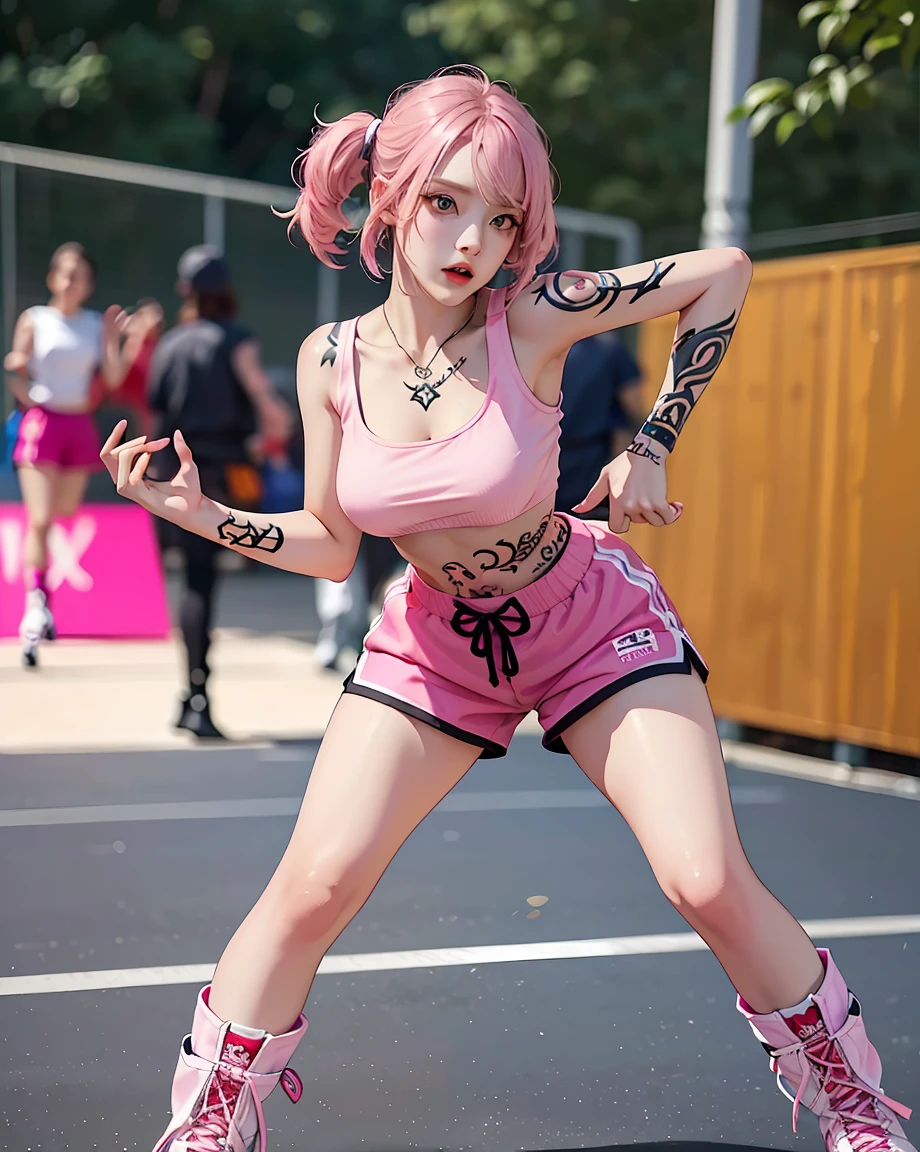 Perfect Style, Beautiful Face, Highly detailed face and skin texture, (Maximum resolution: 1.2), 1 female, alone, Hip Up, jewelry, (((He has many tattoos all over his body)), Streetwear, Play sports often, Pink Hair, Shorts, Sports boots, (((Tight waist))), ((Big Breasts))