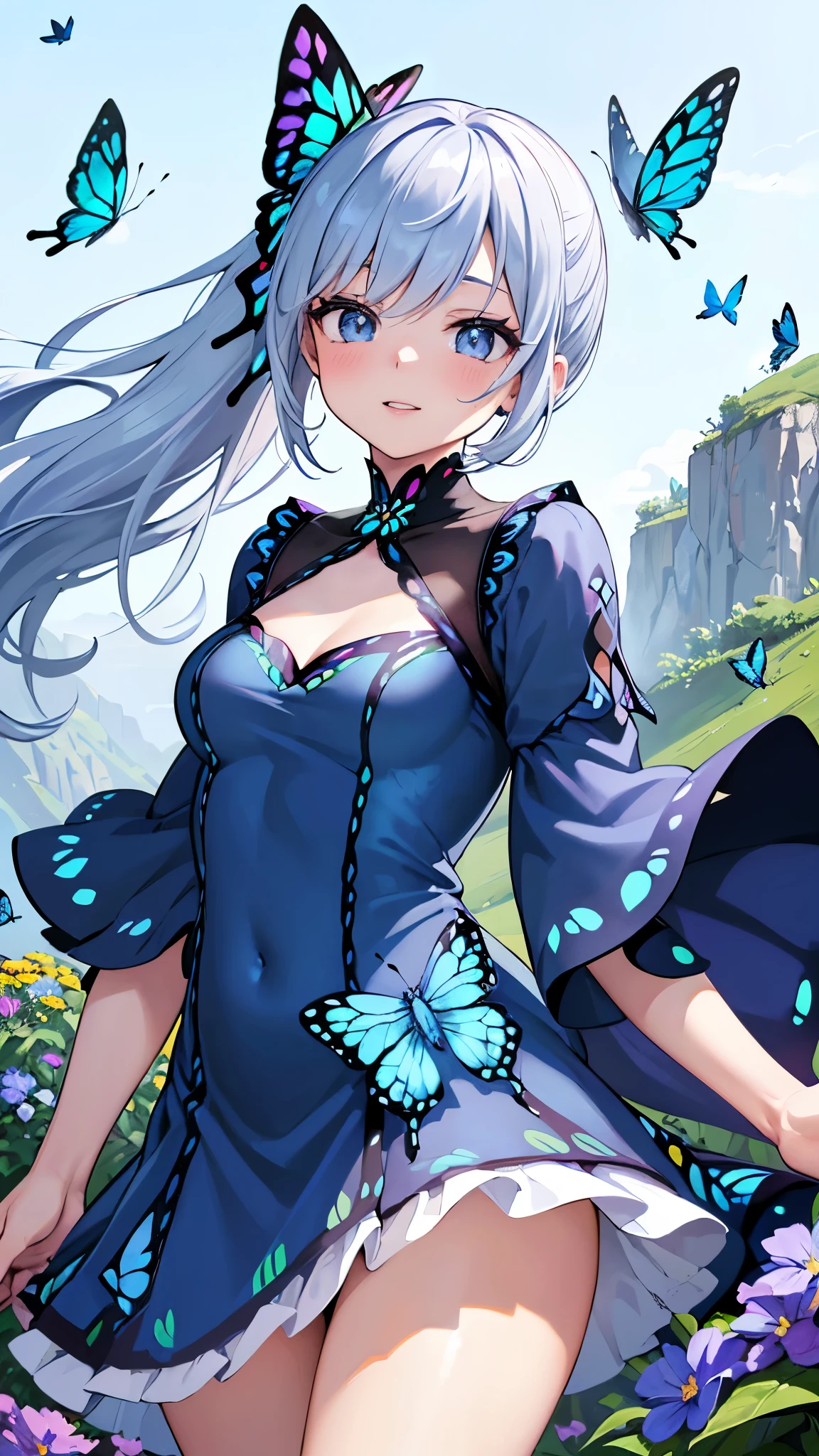 (highest quality:1.2, Very detailed, up to date, Vibrant, digital coloring, High Contrast, masterpiece:1.2, highest quality, Best aesthetics, Wind Spirit), 1 female, Silver Hair, Side Ponytail、(((Blue butterfly hair ornament, Blue Butterfly Dress:1.2))), (Many butterflies and flowers are flying:1.2, Fantasy Landscape:1.4), Bright lighting, Beautiful world, New World, Blown by the gentle wind, (hot視線, hot, Louis々Beautiful Lips, Shiny, Open your mouth, Sigh leaks out), Accurate, Textured skin, Cowboy Shot, Captivating smile, The beauty and danger of growing from a girl to an adult, A symbol of miraculous beauty.