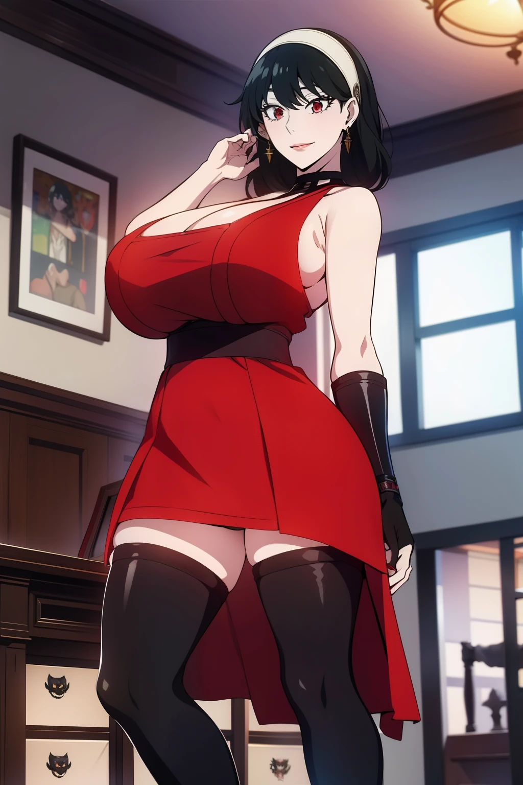 An anime-style artwork depicting yor from the anime spy x family

Tags: Yor Forger, dress, holding, black hair, weapon, high heels, thighhighs, red eyes, two-sided fabric, high heel boots, boots, hairband, dagger, sidelocks,  looking at viewer,  bare shoulders, standing,  earrings, sleeveless, short hair with long locks, jewelry, closed mouth, bangs, sleeveless dress, anime, detailed eyes, detailed lips, ass, 1girl, red eyes, (black hair:1.1), solo, huge breasts, smiling expression, intense gaze, dynamic pose, indoor, palace, vibrant colors, digital art, high-resolution, professional quality, gigantic breasts, cleavage), curvy, cowboy shot, (gigantic breasts: 1.4),