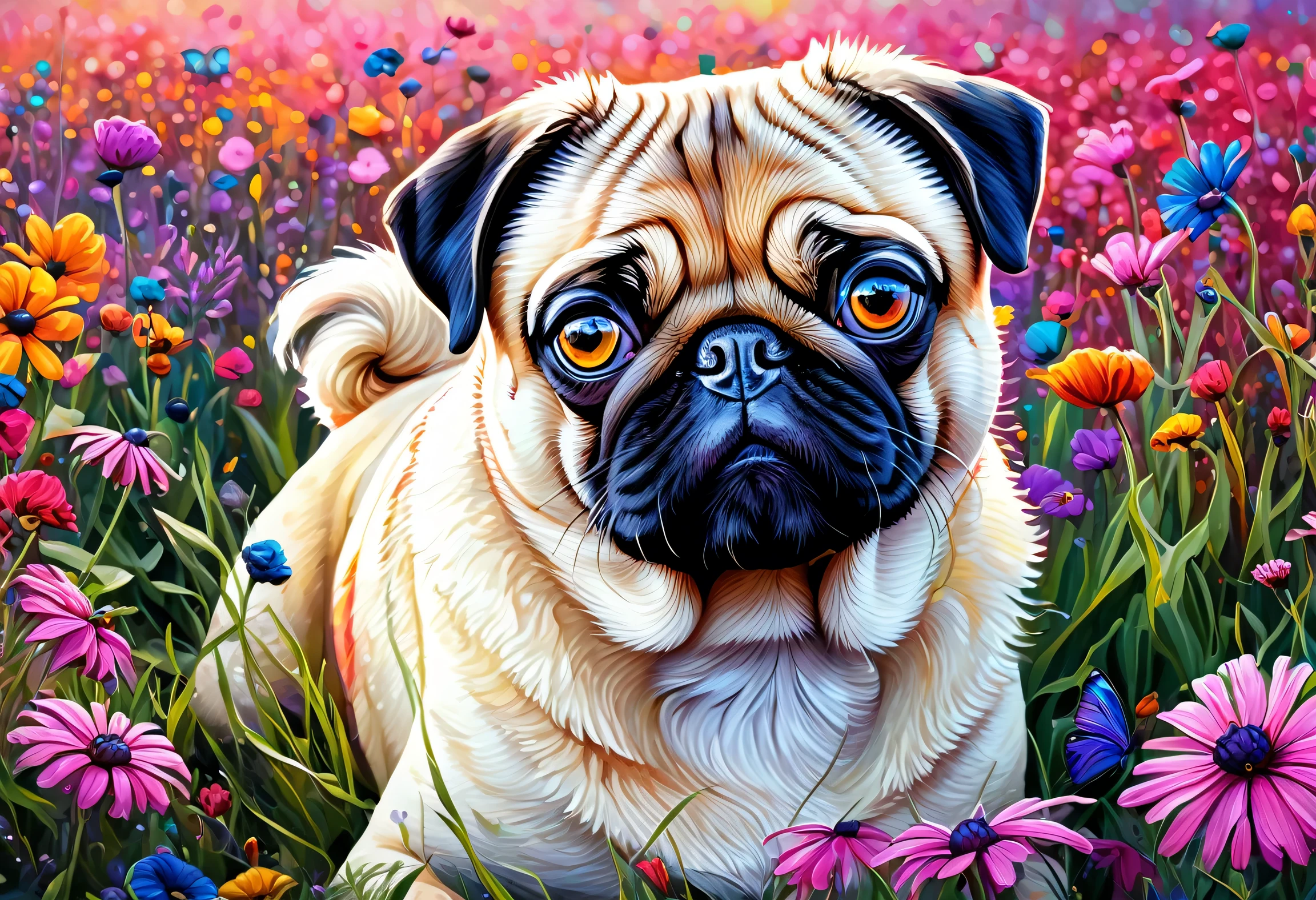 A whole-body drawing of an adorable pug with colorful face and eyes, Detailed painting 4k, Beautiful Art UHD 4K, Art by Alessandro Pautasso, Rendered in high resolution, Vadim Kashin. Ultra-realistic, Colourful and detailed,The background is a flower field、 Detailed 4K painting, In the picture of the cat, Painted in vibrant watercolors, Great art works, Great art