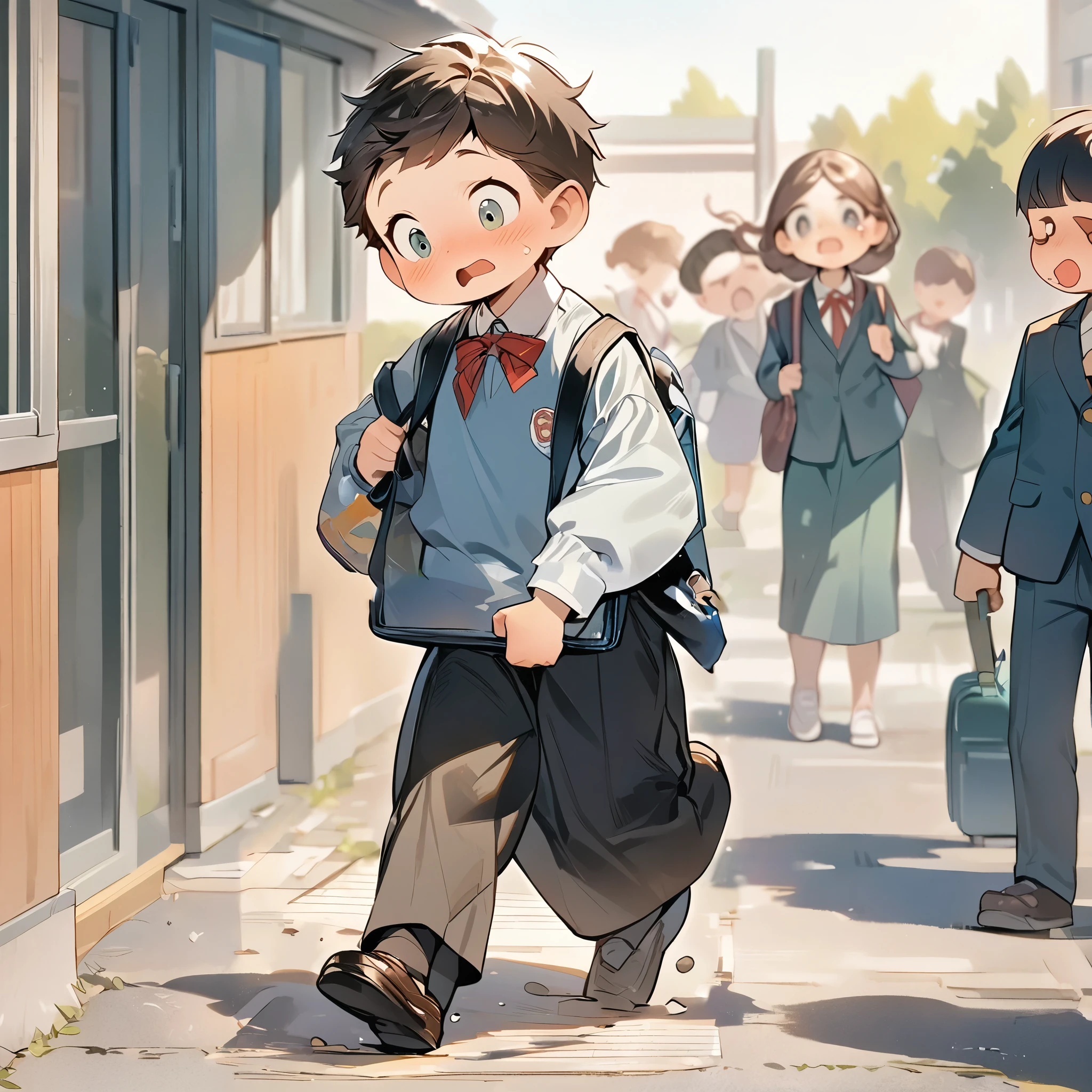 masterpiece，Best quality:1.1)，A good little boy））），Clumsy，Big eyes，School，go to school，carrying a bag））Clean line，trousers））））campus