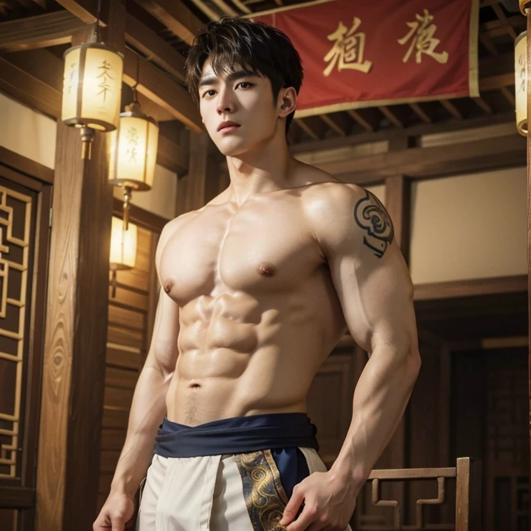 Chinese Men God, Mythology, Chinese odyssy, Handsome, Twink, Topless, Muscles, Athlete body, Full Frame, Sexy, Professional Lighting, Hanfu Outfit, Chinese Heaven Background, Bulge Underneathe Underwear, big bulge, Hanfu Warrior, Hanfu God, Hanfu Male, Hanfu Nobel, Seduce, Sex Appeals, Alafard man shirtless carrying a backpack, muscular body, handsome, manly, inspirite by Zhang Han, Cai Xukun, Kim Do-young, Inspired by Bian Shoumin, Inspired by Xiao Yuncong, yihao ren, yanjun cheng, jinyiwei, inspired by Huang Gongwang, xintong chen, Jacket, wearing japanese loincloth,nice butts, Tattoo chest, tattoo hands, tattoo arms, tattoo belly, clear studio light, night ancient chinese Buddhism temple background, detailed background, fantasy Chinese themed, the best resolution, 8k, Ultra fullHD, look at the viewer, catching eyes,
