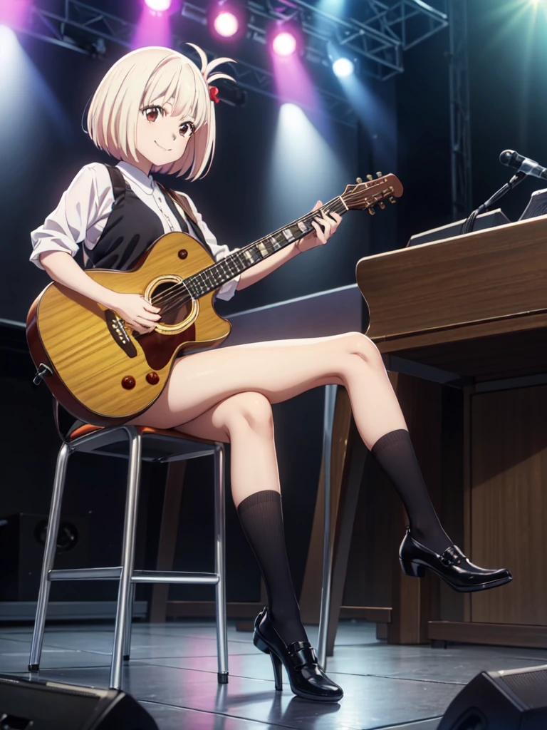 (((Pixel Perfect, Perfect detail))), (alone, 1 girl), Chisato Nishiki, Looking at the audience, (Concert, stage, singing), sitting chair, smile, full Body