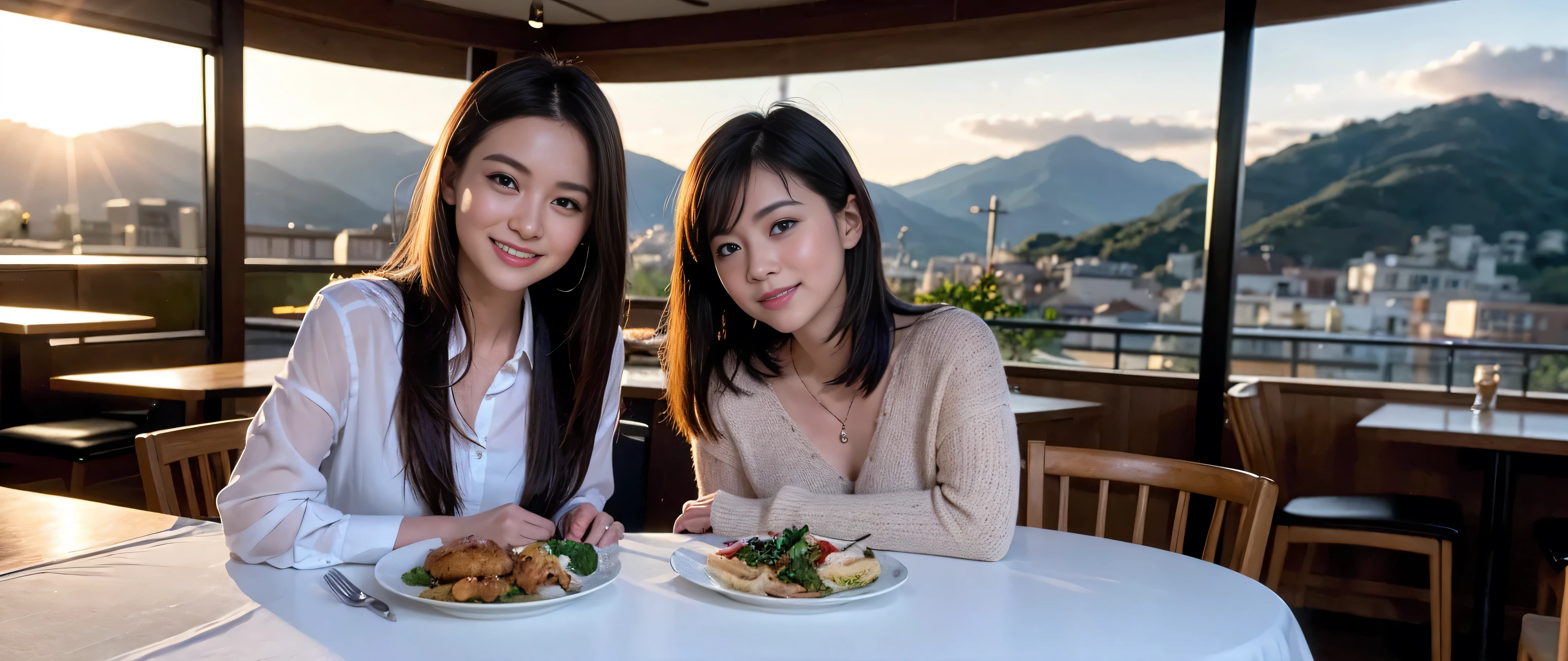 ((highest quality、8k、masterpiece:1.3))、Sharp focus:1.2、Beautiful woman perfect body:1.4、Slim body、((Bob Hale、Straight hair:1.2))、(to be born, highest quality, masterpiece:1.5), (Realistic, Intricate details:1.2), Ultra-high resolution, Please shine a light on my face、Amazing view of the sunset sky and clouds、Amazing mountain views、A bright smile、wine glass、red wine 、Appetizers、Italian food、Wine bottle、Champagne、sparkling wine、, Beautiful Face, blue eyes, The light shines on your face, Blushing, short hair,Bright Face、Fox face、 (36 years old), 39 years old, Lady、Two beauties、Brown Hair、Shortcuts、Long sleeve shirt、dress、Pretty Woman 1, (Slim face), (The body is slim), (Brown Hair), (Shortcuts), cheeks turn a little red,Attractive beauty、, Out of the window, A beautiful and detailed night view unfolds.........., restaurant, In a prominent place (From the waist up) Nova Frog Style, actress, model, Upper Body, White wine, slim, wine glass, A wine glass placed in the middle, smile, (smile: 1.15), Beautiful fine grain, Depth f/2,saturation, High Contrast, Strong light and shadow,Moist Body:1.5、3D texture、Delicate eyes、Brown Hair、The hair is very shiny、