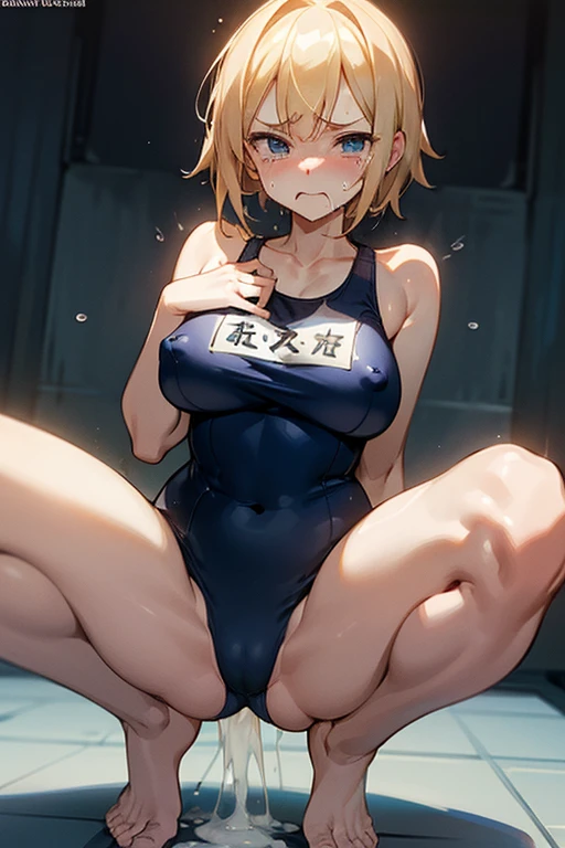 35 year old Russian, Visible nipples、Blonde belly short、Large size breasts, J cup breastature Woman、Squat posture、Spread your legs, Spread your legs, Only One Woman, One piece swimsuit、Navy blue school swimsuit、Front of body、looking at the camera、Scared、Shame play、Embarrassing、Are crying、Flowing Tears、Closed Mouth、barefoot、incontinence、Woman urinating in a dark room、Seriously angry、Support your chest with your hands