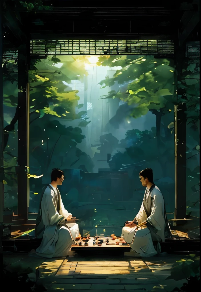 The men are playing Go against each other. There is a huge wine jar in the background. The light shines in and shines on the faces of the two people. The sense of light and shadow is very strong.