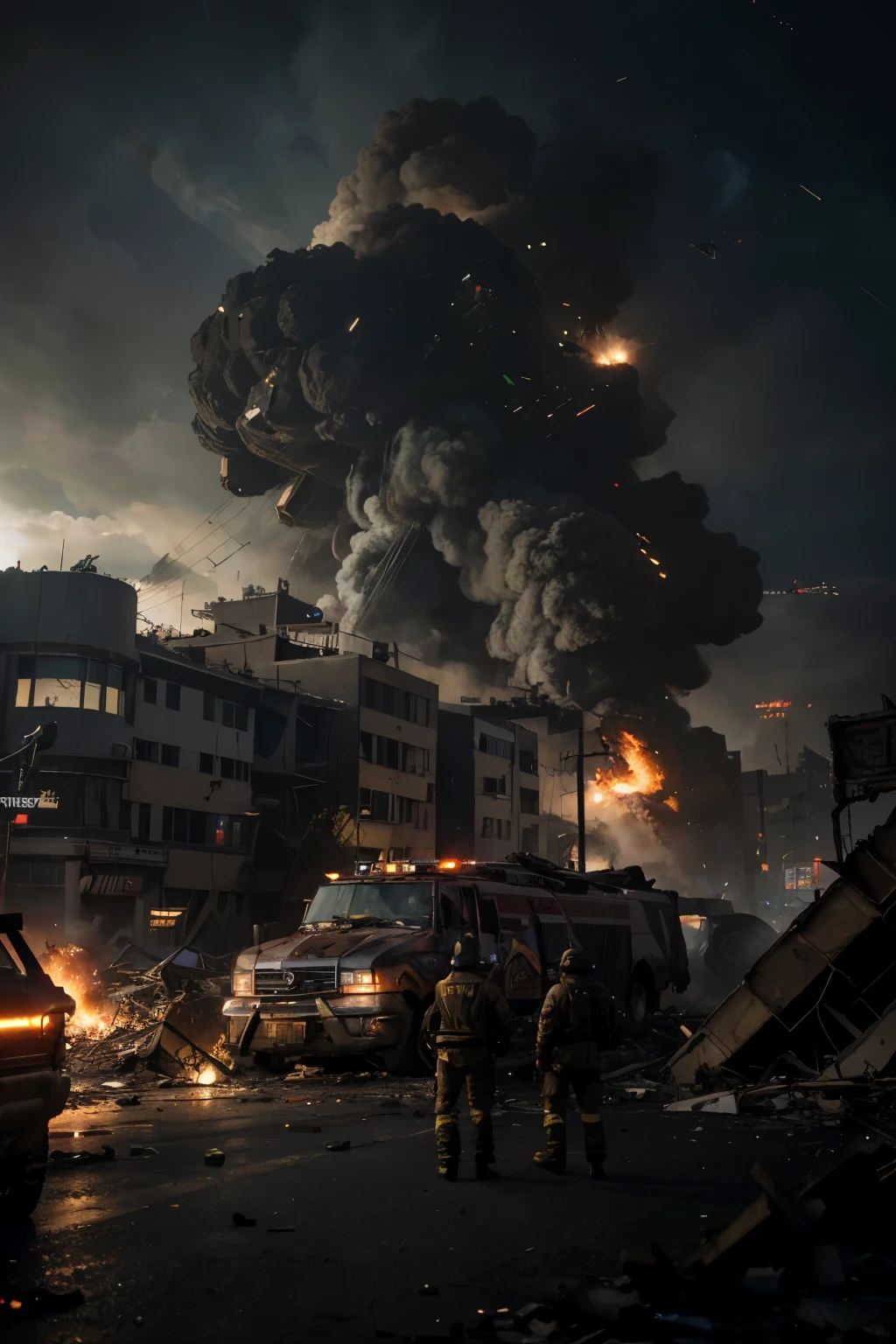 (best quality,4k,8k,highres,masterpiece:1.2),ultra-detailed,(realistic,photorealistic,photo-realistic:1.37),Star Trek USS Enterprise crash, 1966 in New York,sci-fi,night scene,city lights,smoke,explosion,debris,burning wreckage,crowd of shocked onlookers,news reporters documenting,Trekker fans elated,shattered buildings,ruined streets,emergency vehicles rushing,helicopters hovering,starfleet officers surveying,scared and injured people,dark sky,police barriers,security guards,collapsed bridges,falling rubble,shattered glass,mangled steel beams,recreated vintage atmosphere,chaotic scene,firefighters battling flames,water cannons,flashing lights,sirens wailing,global disaster,post-apocalyptic feeling,dangerous environment,heroic rescue,imminent danger,thrilling action sequence,desperate escape plans,maneuvering through wreckage,ominous smoke-filled clouds,desperate survivors seeking safety,futuristic technology,twisted metal,massive destruction,echoing sirens,rescue operations in progress,damaged power lines.
