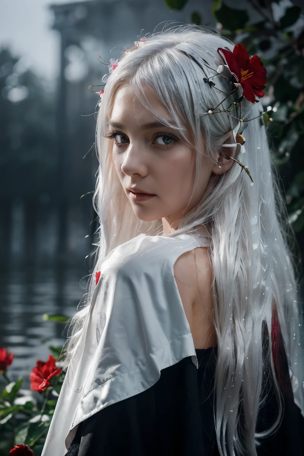 1girl,solo,1girl,solo,((beautiful detailed eyes)), (detailed light),depth of field,(white hair),silver eyes,hair over one eye,(red flower ), hair flower,long hair,black cloak,wet,emotionless,looking back,night,starfall,raining,fog,red flowers falling,sketch,upper body,intense shadows,