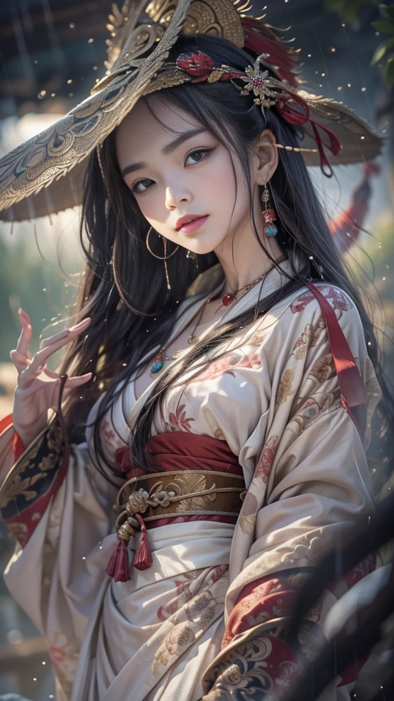 (Mysterious:1.3, 16k, highest quality, masterpiece, Ultra-high resolution), ((rain, From below)), Perfect dynamic composition:1.2, Very detailedな肌と顔の質感:1.2, Professional camera work:1.1, Mysterious肖像画:1.1, Cinematic Light:1.1, Very detailed, (wonderful, tradition, Majestic), rainに濡れたスリムな女神, Incredibly slim body, Fair skin, Sexy beauty, Very beautiful face, Totally captivates you, (Big Dragon:1.0, Japanese Shrine Maiden Costume:1.0), (Shapely breasts, Chest gap), (Big eyes that exude beautiful eroticism, Lips that exude beautiful eroticism), Cowboy Shot, Calm pose, necklace, Earrings, bracelet, wonderful背景