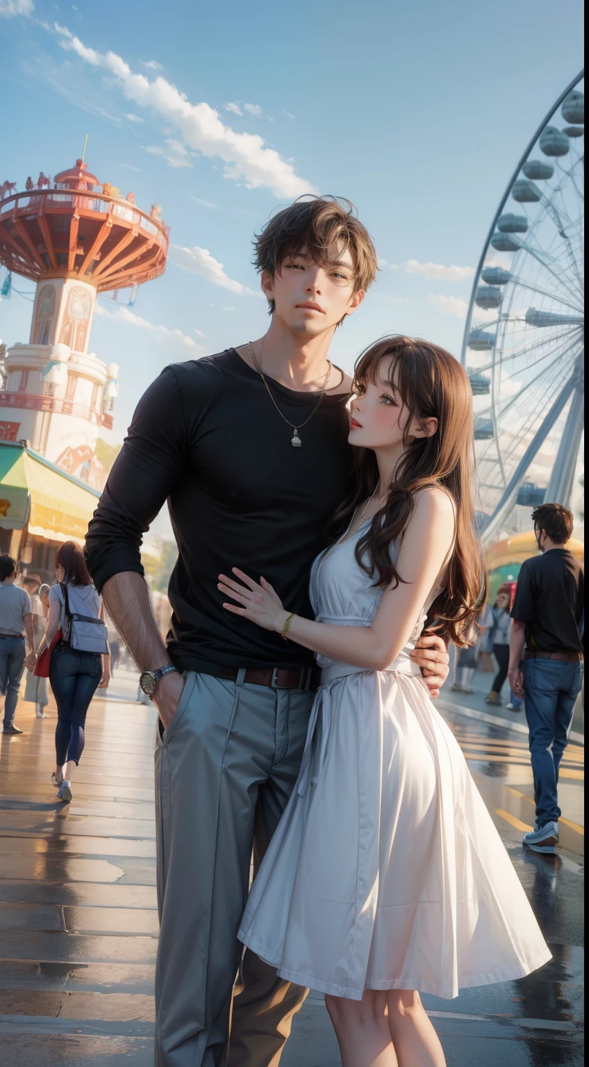 Arafed couple standing in front of a ferris wheel in a park - SeaArt AI