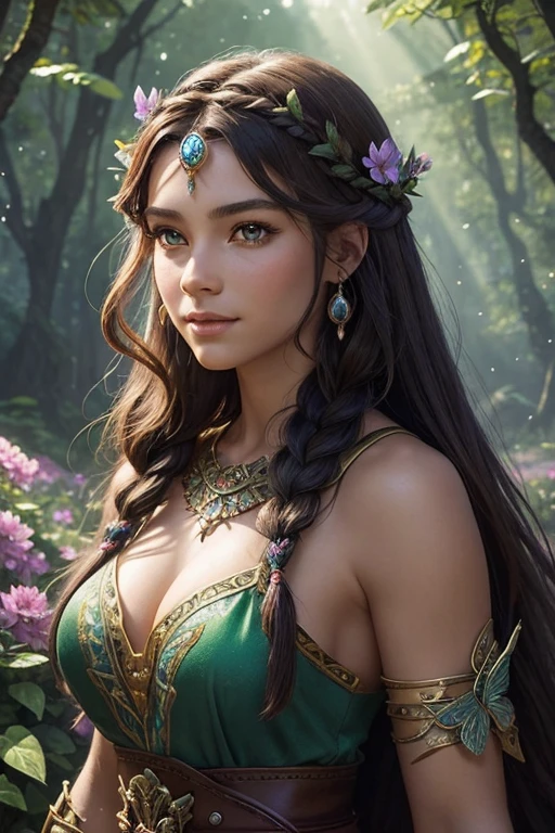 smiling fantasy barbarian girl,black bear,illustration,ultra-detailed,painted style,vibrant colors,wildflowers and butterflies,heroic pose,enchanted forest,magical atmosphere,sunlight filtering through trees,lush greenery,fantasy portrait,adventure theme,strong and fearless girl,braided hair,wilderness,forest guardian,ancient ruins,leather armor,fierce expression,beautiful detailed eyes,beautiful detailed lips,soft lighting,enchanted sword,fantasy creatures,strength and beauty,bravery and courage,mythical realm,crown of flowers,serene and confident,mysterious aura,wisps of magic,extraordinary power,noble and divine,heroic companion,fierce loyalty,magnificent fantasy world,powerful friendship,endless possibilities.