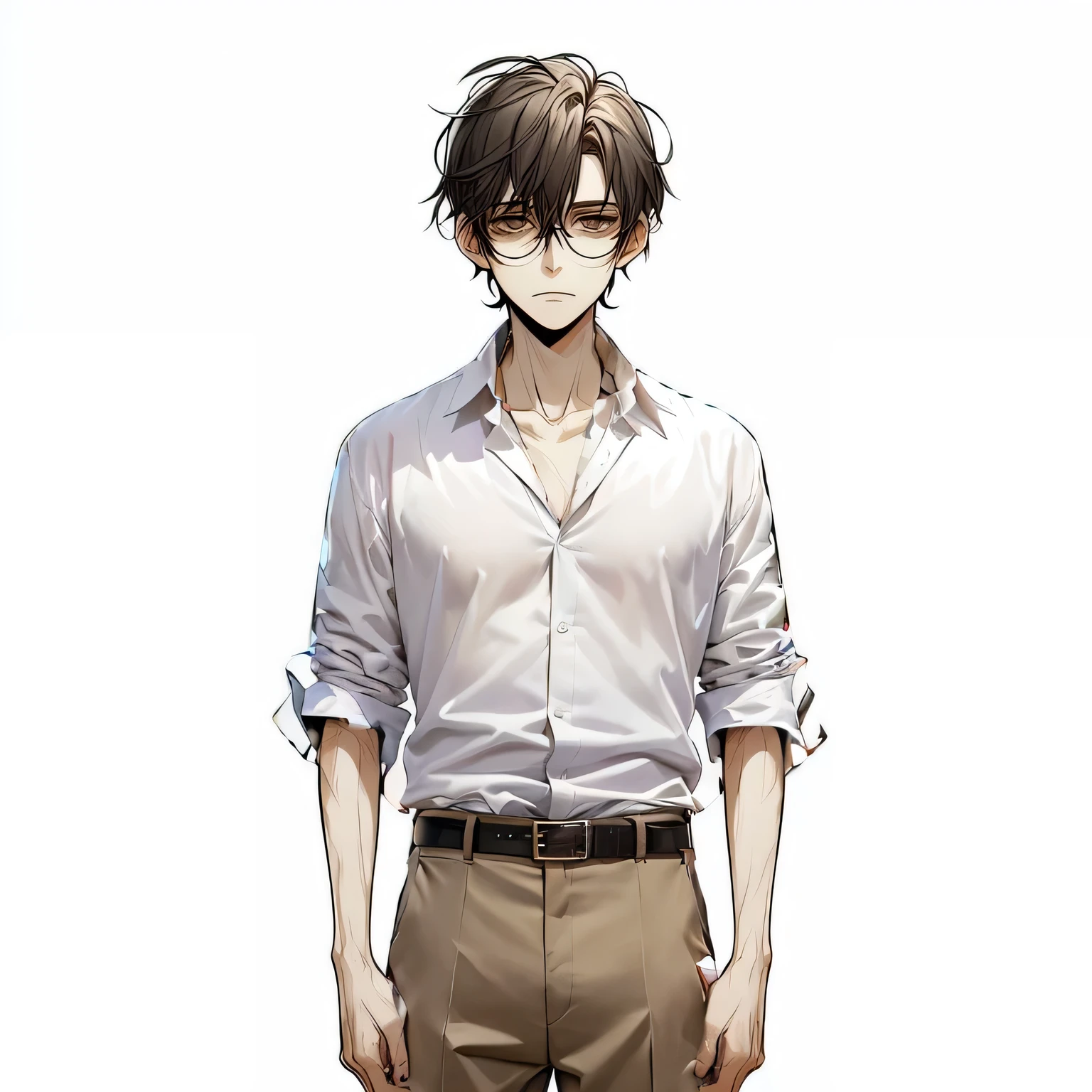 Anime-style image of a man wearing a shirt and pants、Shirt with no pockets、White open collar shirt、Crumpled shirt、Short-sleeved shirt、Worn shirt、The shirt is tucked into the pants、Brown pants、Suit pants、Worn trousers、Long trousers、Leather Belt、Male Anime Characters