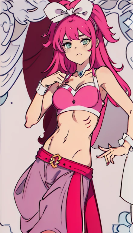 A smug narcissistic pink haired woman wearing a pink bra and blue pants and lots of jewelry flaunting herself