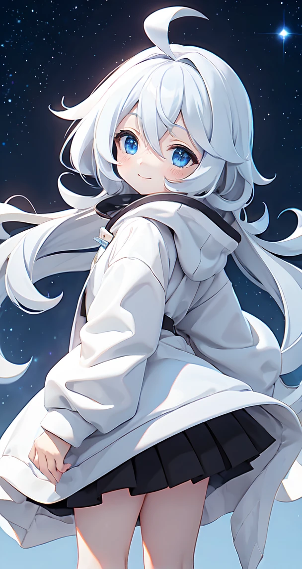 (Shiny skin), White hoodie, Black Skirt, Straight hair, Princess Hairstyles, Ahoge ,White long knee socks,smile,(highest quality, masterpiece), 1 girl, Long Hair, Gray Hair, Starry Sky, Long Hair, (Clear bright blue eyes), Ahoge, idiot girl, Black and white dresses, (space)), low length, Soft Light,