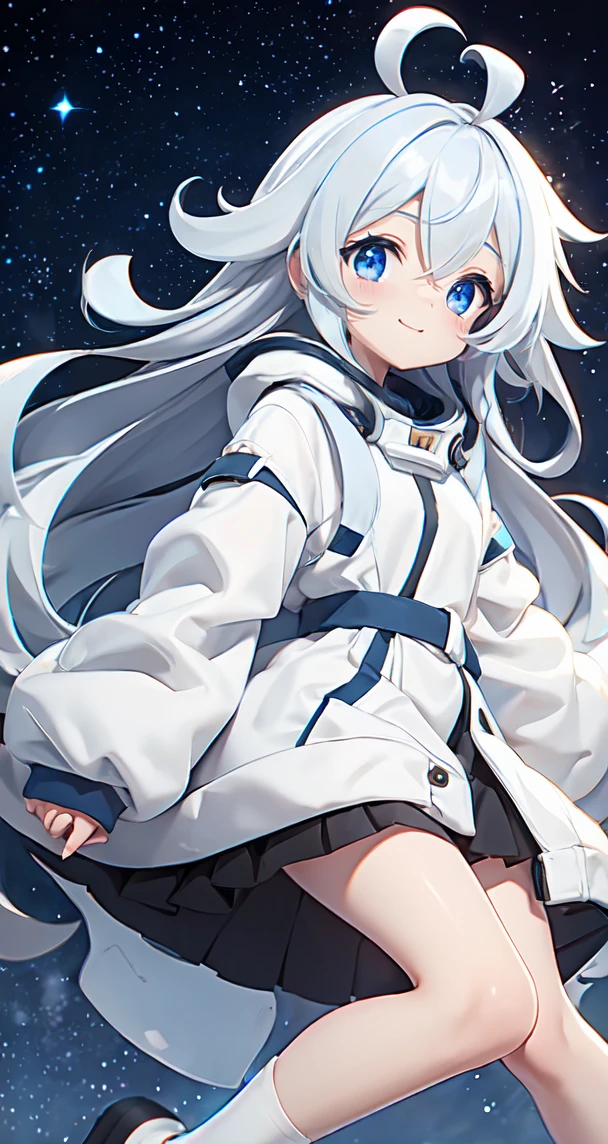  (Shiny skin), White hoodie, Black Skirt, Straight hair, Princess Hairstyles, Ahoge ,White long knee socks,smile,(highest quality, masterpiece), 1 girl, Long Hair, Gray Hair, Starry Sky, Long Hair, (Clear bright blue eyes), Ahoge, idiot girl, Black and white dresses, (space)), low length, Soft Light,