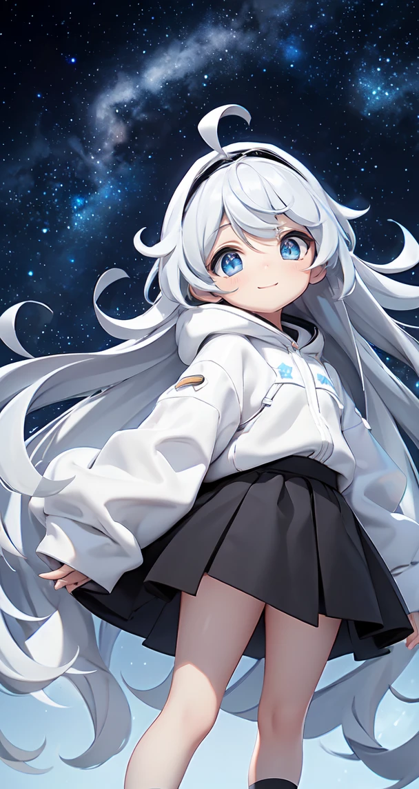 (Shiny skin), White hoodie, Black Skirt, Straight hair, Princess Hairstyles, Ahoge ,White long knee socks,smile,(highest quality, masterpiece), 1 girl, Long Hair, Gray Hair, Starry Sky, Long Hair, (Clear bright blue eyes), Ahoge, idiot girl, Black and white dresses, (space)), low length, Soft Light,