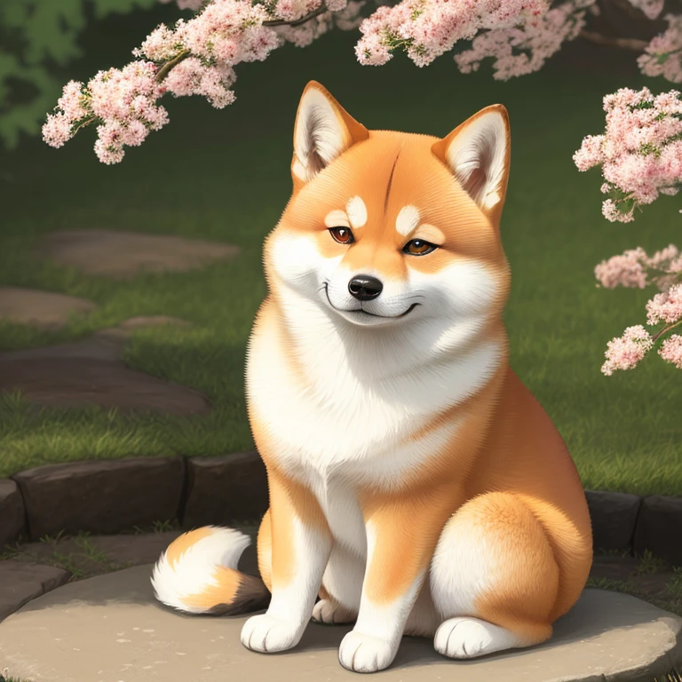 In the heartwarming illustrated style, a Grateful Shiba Inu sits before a serene backdrop, expressing its deep appreciation with a tender look in its bright, almond-shaped eyes. Its distinctive, fox-like features are accentuated through intricate brushstrokes and charming details, such as the tufted ears, wide mouth, and characteristic brown spots adorning its coat. The Shiba Inu's soft paws rest gently on the ground, creating a sense of tranquility and contentment. The warm colors and delicate shading encompassed within this piece evoke feelings of love, kindness, and companionship.