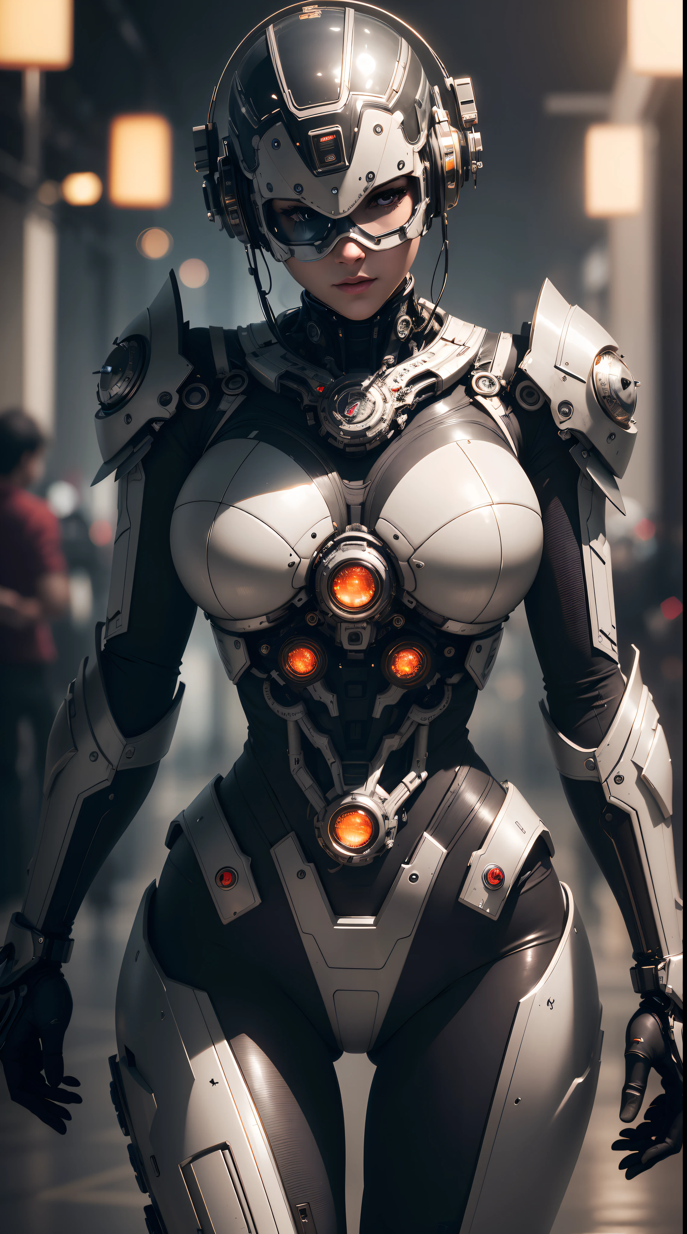 (best quality,4K,8k,high resolution,masterpiece:1.2),Super detailed,(Practical,Reality,Photo-realistic:1.37),robot,(((Wearing a glass mask))),((The face is completely covered)),shiny metallic skin,Mechanical body parts,Mechanical gears and gears, [meticulous, Surgical precision],Cyberpunk style background,Science fiction art style,Vibrant colors,High resolution,Super detailed,Practical lighting effects,Bokeh.