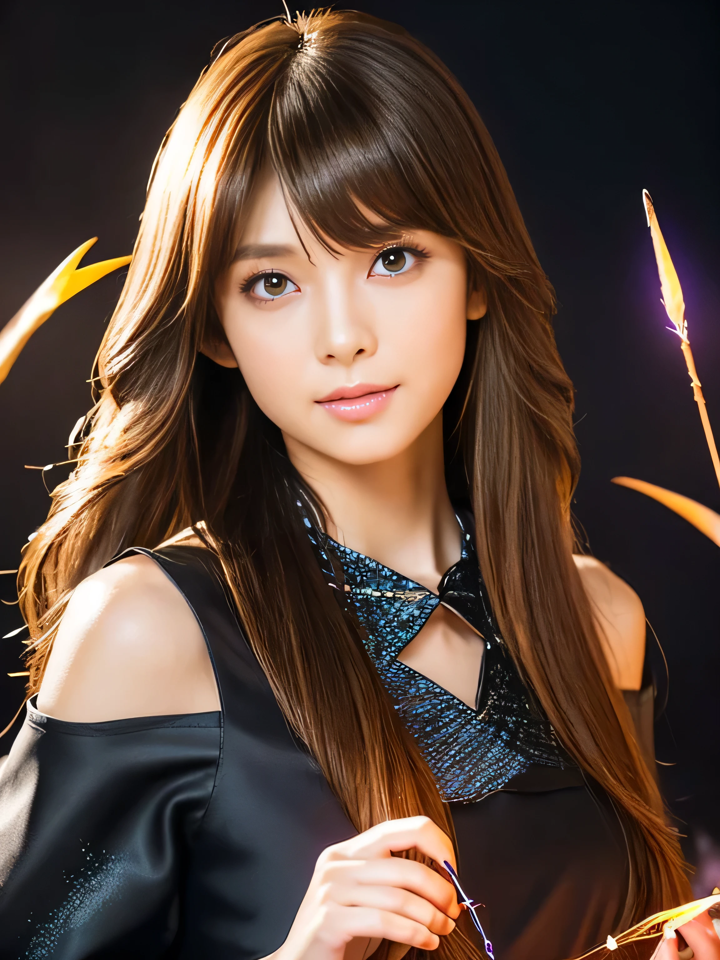 ((Upper body shot)) (This is a fantasy world cave:1.4) (RPG game character casting a spell:2.0) (She has a bright look:1.2) ((highest quality)), ((masterpiece)), (Get used to it), Perfect sexy face (1 female) (Japanese) (She is 24 years old、The cutest and most beautiful fantasy girl in Japan:1.3) ((highest quality)), ((masterpiece)), length Light brown hair length, Shiny brown hair, Silky Hair, Straight brown hair, length light brown straight hair, Perfect Silky Straight Hair, Straight light brown hair Her hair is long and straight, detailed ((big 1.4)) Super Long Hair down to the ankles ((Her bangs are neatly trimmed, Full Bang:1.2)) bright crimson lips good, Anatomically correct hand Thin fingers 5 anatomically correct fingers Sexy professional makeup Beautiful Japanese girl face, Japanese facial features, Long Hair shiny Long Hair, length, shiny light brown hair, length, Straight light brown hair, Her hair is long and straight, Super Long Hair girl, Silky Hair, length Light brown hair, Silky Hair, length, Flat Hair, Silky texture, Long Hair, length, flowing light brown hair, thin and shiny hair Anatomically correct typical Japanese skin tone and detailed hands and fingers Beautiful Eyes Mouth detailed the corners of the mouth rise slightly Cool look (The eyebrows are dark brown in color) (She is wearing a black evening dress, Wearing an organza gown, Frock, Wearing a black dress, Formal attire, Cute Black Dress, Full body black dress, Black Gown, Wearing a black dress, Tube top dress, Wearing a cocktail dress, Romantic Dress, ruched bodice She's wearing a gorgeous all-black Victorian dress.) (Looking at the viewers, he looks determined to get ready for battle.:1.4)