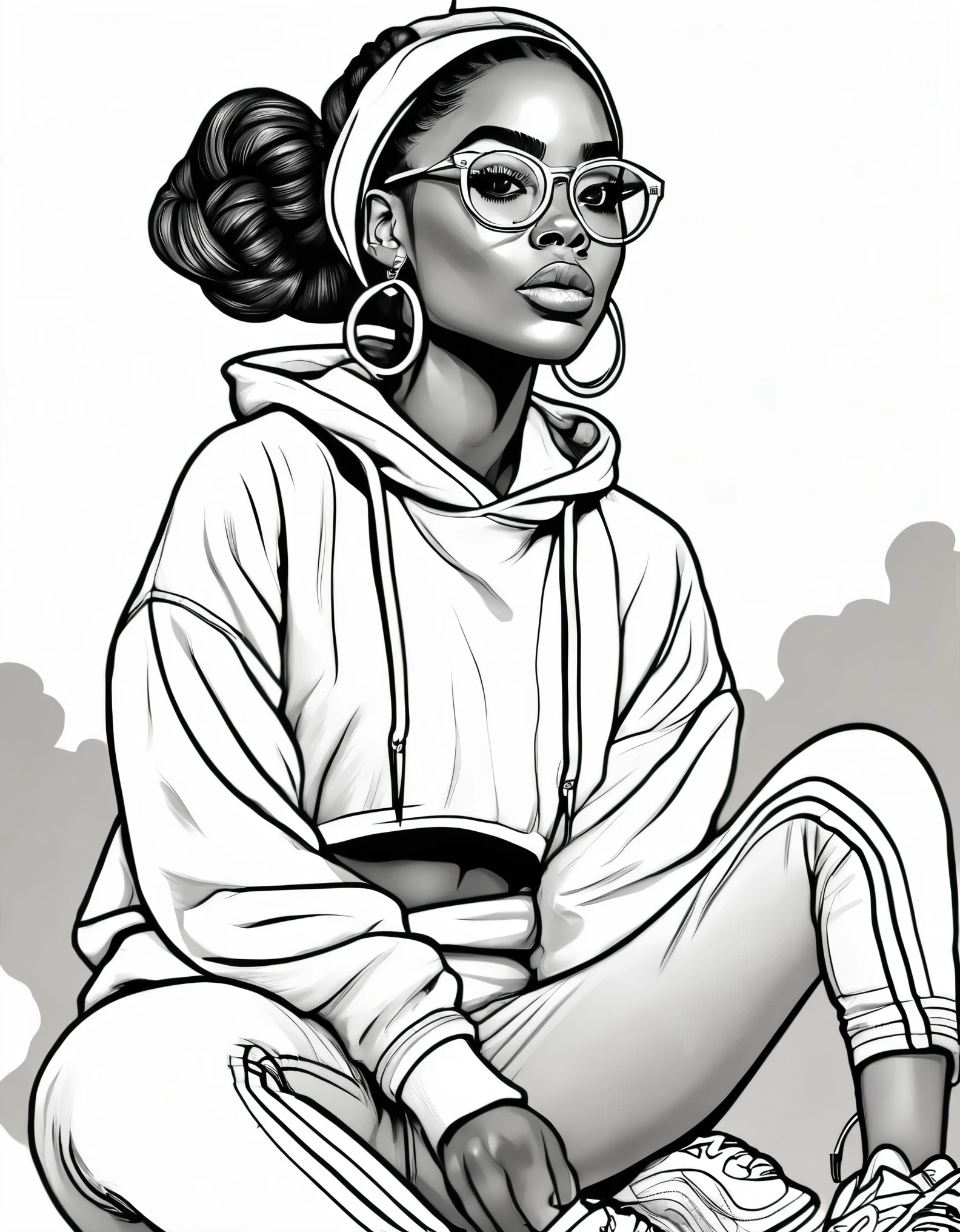 a black and white illustration coloring page,of A sporty African American girl with a high ponytail wrapped in a colorful scrunchie. She wears a cropped hoodie over high-waisted leggings, paired with stylish sneakers. Her eyes exude confidence, and she accessorizes with a baseball cap worn backwards, hoop earrings, and a crossbody bag.