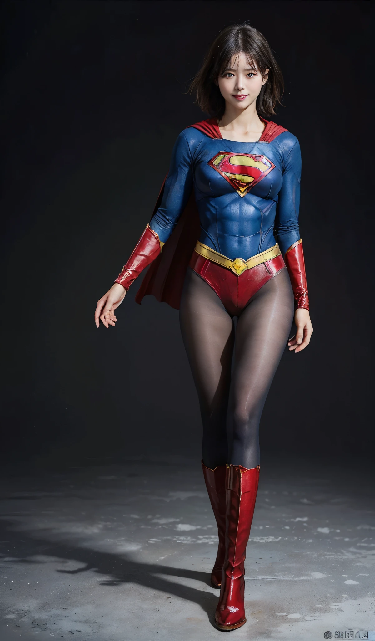 No background、(((Beautiful legs in black tights.)))、(((Legally express the beauty of your smile)))、((((Make the most of your original images)))、(((Supergirl Costume)))、(((Beautiful short bob hair)))、(((suffering)))、(((Please wear black tights....、Wear red boots)))、((Best image quality、8k))、((highest quality、8k、masterpiece:1.3))、(((Preserve background )))、Sharp focus:1.2、Beautiful woman with perfect figure:1.4、Slim Abs:1.2、Wet body:1.5、Highly detailed face and skin texture、8k