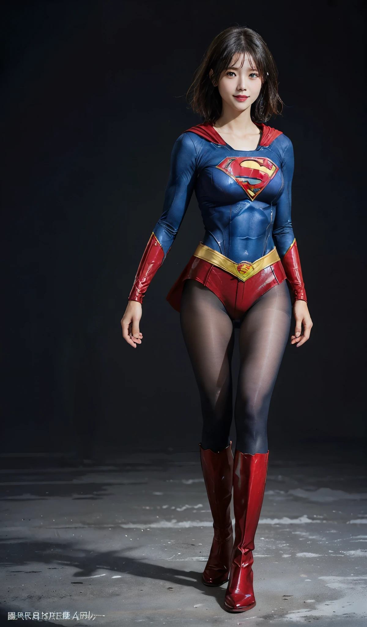 No background、(((Beautiful legs in black tights.)))、(((Legally express the beauty of your smile)))、((((Make the most of your original images)))、(((Supergirl Costume)))、(((Beautiful short bob hair)))、(((suffering)))、(((Please wear black tights....、Wear red boots)))、((Best image quality、8k))、((highest quality、8k、masterpiece:1.3))、(((Preserve background )))、Sharp focus:1.2、Beautiful woman with perfect figure:1.4、Slim Abs:1.2、Wet body:1.5、Highly detailed face and skin texture、8k