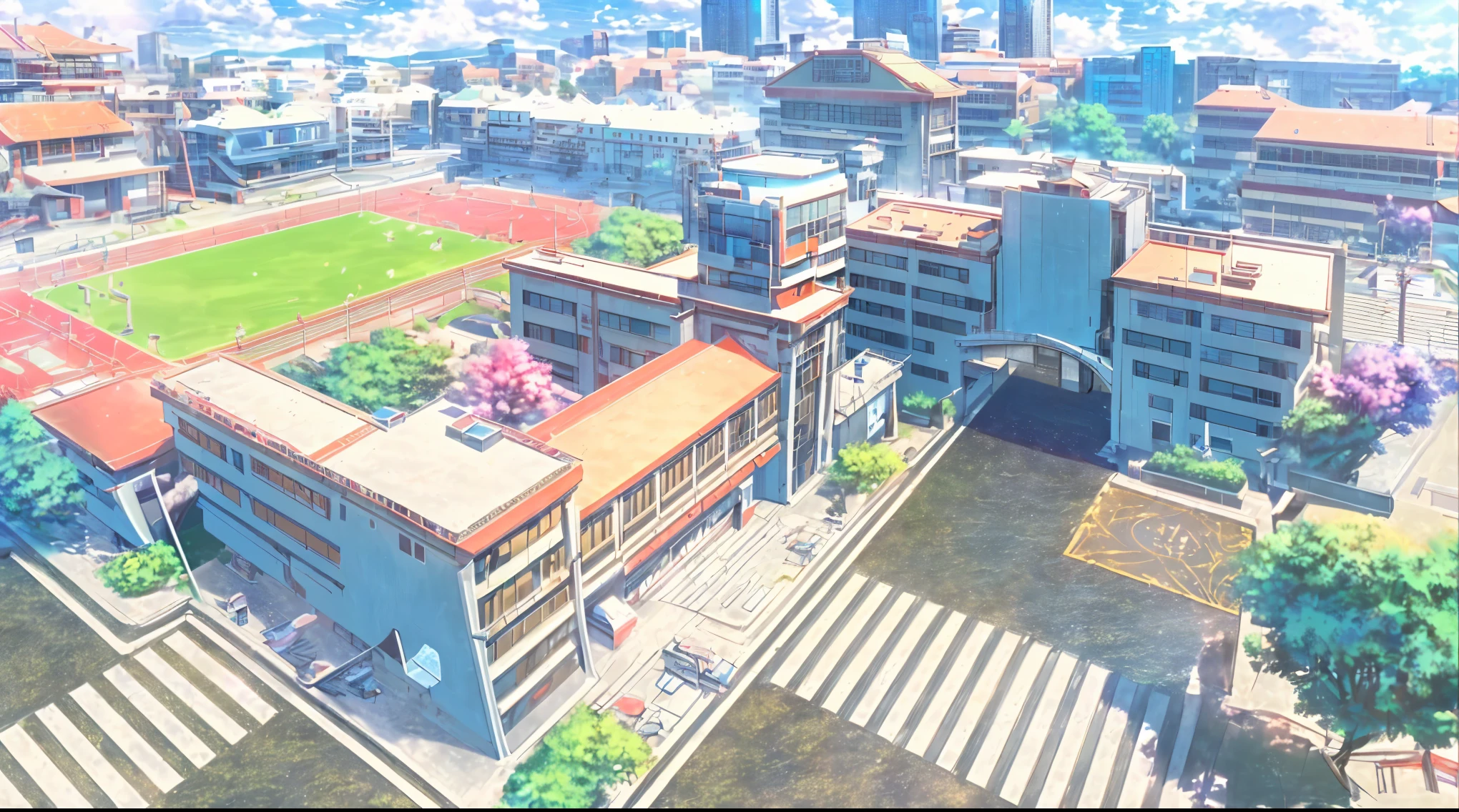 masterpiece:1.2), best quality,PIXIV,Warm animated scenes, outdoor，Overlooking视角，The entire campus，Overlooking场景，大Overlooking，On campus，playground，track，Basketball hoops，教学Building，在outdoor, 樱花Tree，Tree木，No humans, window, landscape, 在outdoor, Chair, School, School 桌子, Sunlight, Watermark, School Chair, curtain, sky, Book，landscape,No humans,sky空,cloud,outdoor,sky,City,blue sky空,Cityscape,architecture,sky空scraper,单体夸张architecture,Overlooking视角,On campus,多个architecture,Building，playground，School，track，Basketball hoops，Overlooking，No humans,outdoor,landscape,Tree,sky空,cloud,sky,sky空,Grass,Power lines,shadow,Fence,vending machine,telephone pole,Tree，High Definition，Perfect lighting，CG Modernism，painting，Unreal Engine，Concept Art，landscape，modern style，