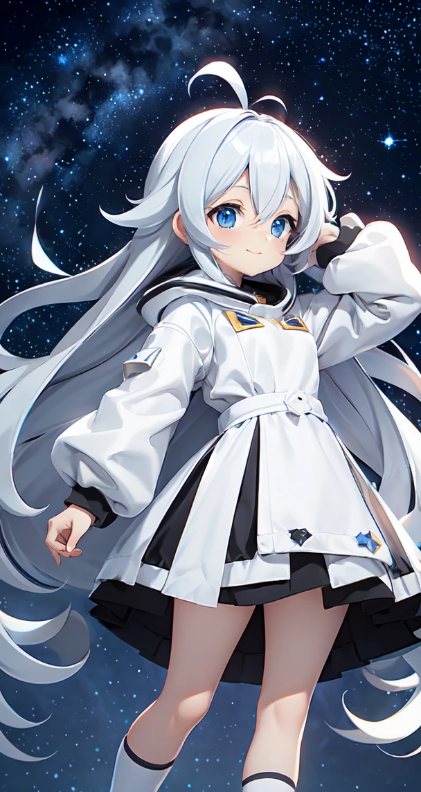 (Shiny skin), White hoodie, Black Skirt, Straight hair, Princess Hairstyles, Ahoge ,White long knee socks,smile,(highest quality, masterpiece), 1 girl, Long Hair, Gray Hair, Starry Sky, Long Hair, (Clear bright blue eyes), Ahoge, idiot girl, Black and white dresses, (space)), low length, Soft Light,