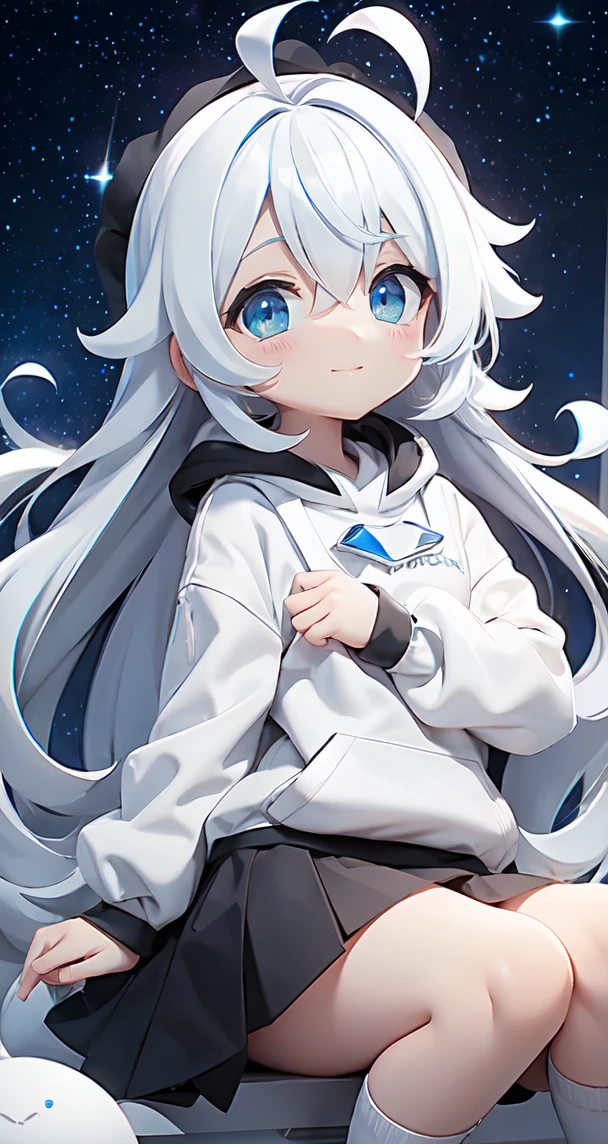 (Shiny skin), White hoodie, Black Skirt, Straight hair, Princess Hairstyles, Ahoge ,White long knee socks,smile,(highest quality, masterpiece), 1 girl, Long Hair, Gray Hair, Starry Sky, Long Hair, (Clear bright blue eyes), Ahoge, idiot girl, Black and white dresses, (space)), low length, Soft Light,