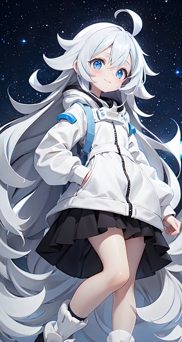 (Shiny skin), White hoodie, Black Skirt, Straight hair, Princess Hairstyles, Ahoge ,White long knee socks,smile,(highest quality, masterpiece), 1 girl, Long Hair, Gray Hair, Starry Sky, Long Hair, (Clear bright blue eyes), Ahoge, idiot girl, Black and white dresses, (space)), low length, Soft Light,