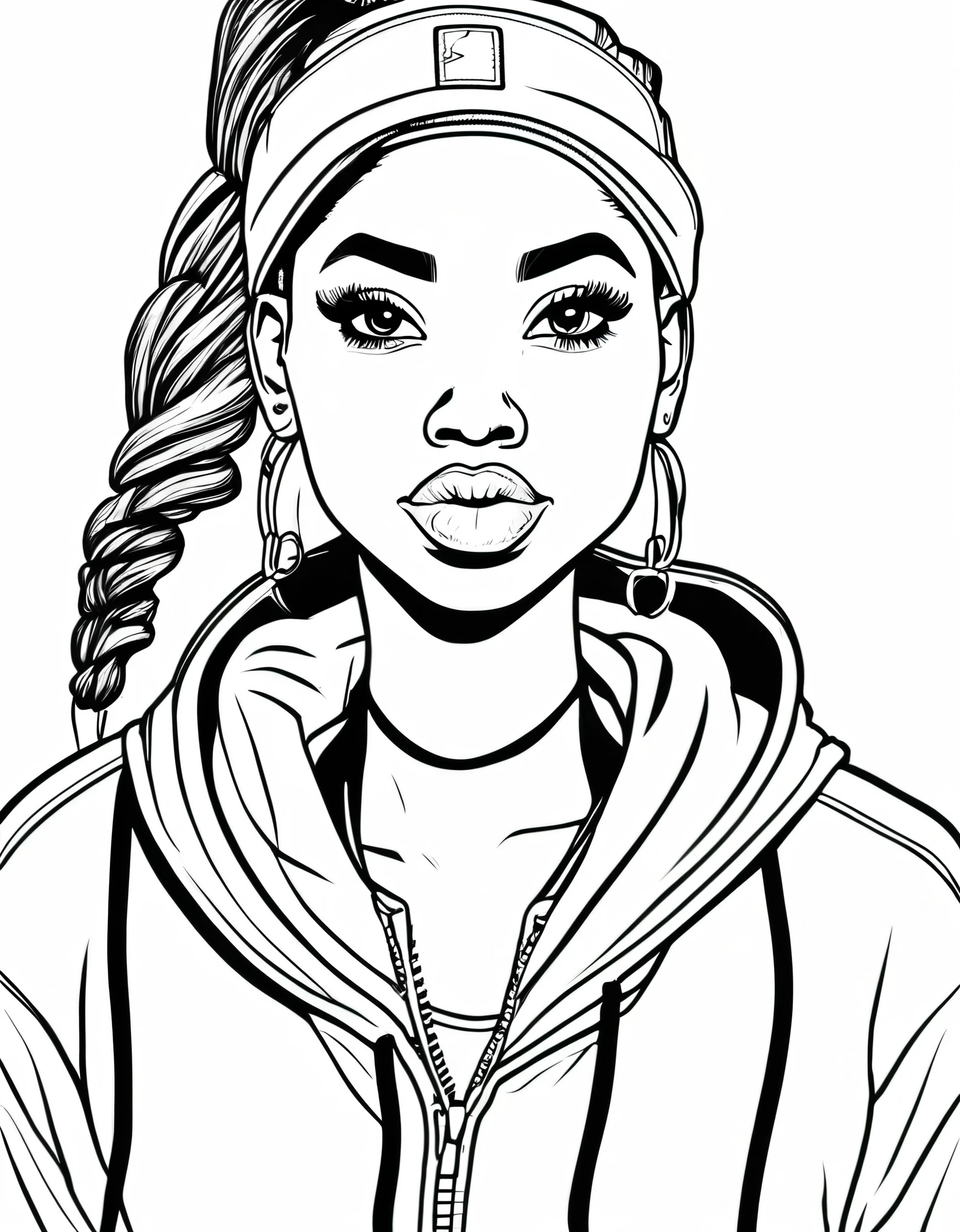 a black and white illustration coloring page,of A sporty African American girl with a high ponytail wrapped in a colorful scrunchie. She wears a cropped hoodie over high-waisted leggings, paired with stylish sneakers. Her eyes exude confidence, and she accessorizes with a baseball cap worn backwards, hoop earrings, and a crossbody bag.