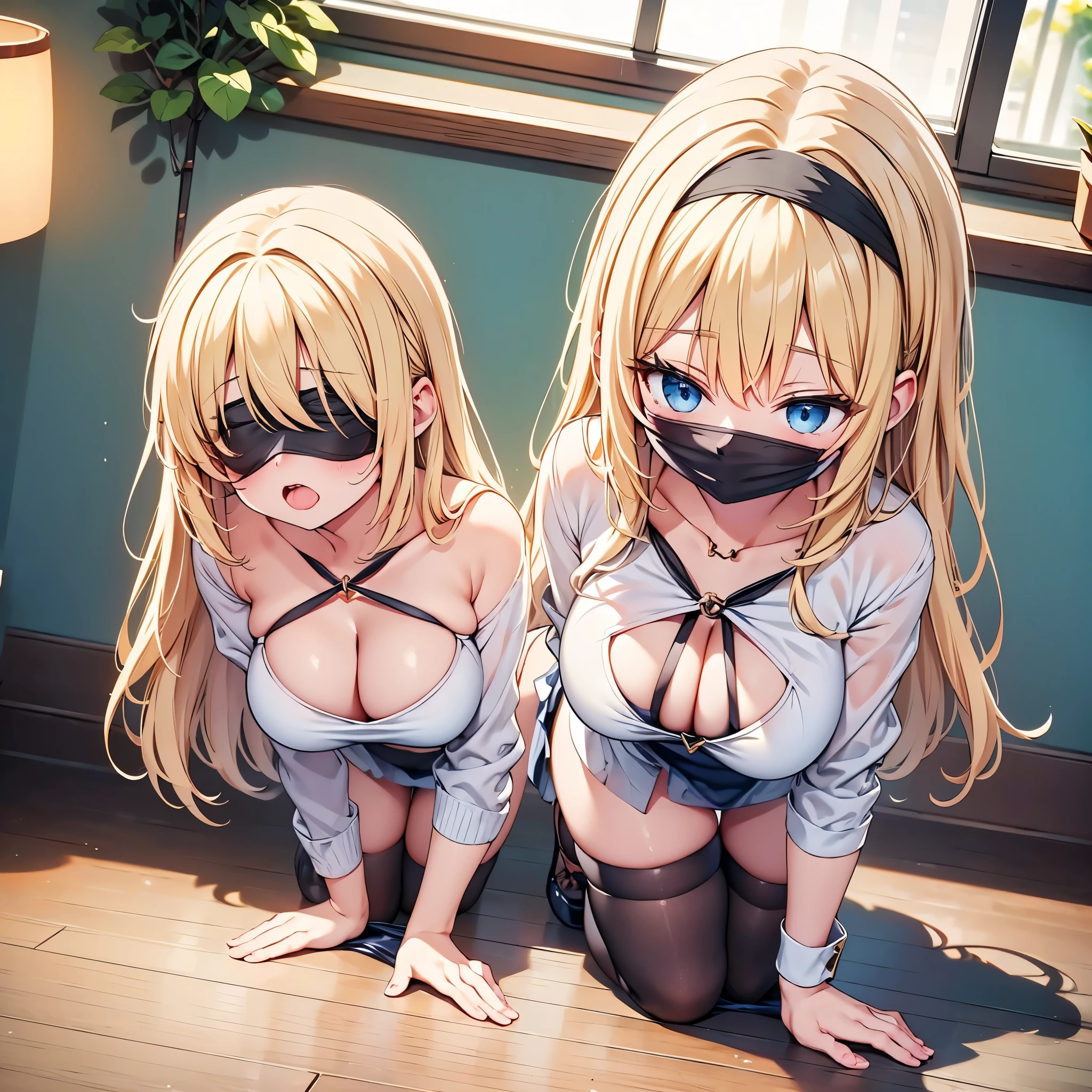 highest quality,wonderful,finely,extremely detailed CG Unity 8K wallpaper, (girl, blonde, clothed), (huge breasts), (On all fours:1.3), (cleavage cutout), (open mouth:1.1), (long tongue:1.1), (mouth drool:1.1), (Black knee socks:1.1),(Thighs:1.2),(Waistline:1.2),(black blindfold, blindfold:1.5),(From above)