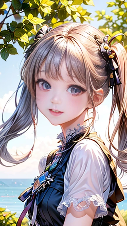 Anime girl with pink hair and a ribbon in her hair, Cute realistic portrait, 髪の毛はSilver、Gweitz, Magical Girl Portrait, Cute Characters, Cute art style, Anime Moe Art Style, MapleStory character art, cute portrait, Cute Anime Girl Portrait, Small person portrait, artwork in the style of Gweitz, Splash Art Anime ,((green、Lace blouse、See-through、See-throughのワンピースの水着、White ilver、Long twin tails、bird、Wind、