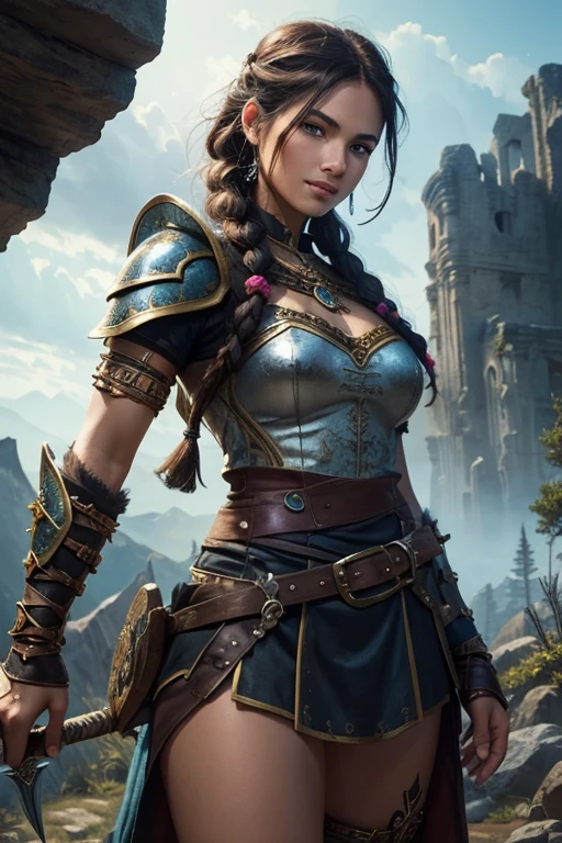 smiling fantasy barbarian girl,black bear,illustration,ultra-detailed,painted style,vibrant colors,heroic pose,fantasy portrait,adventure theme,strong and fearless girl,braided hair,wilderness,ancient ruins,leather armor,fierce expression,beautiful detailed eyes,beautiful detailed lips,soft lighting,enchanted sword,fantasy creatures,strength and beauty,bravery and courage,mythical realm,extraordinary power,noble and divine,heroic companion,fierce loyalty,magnificent fantasy world,