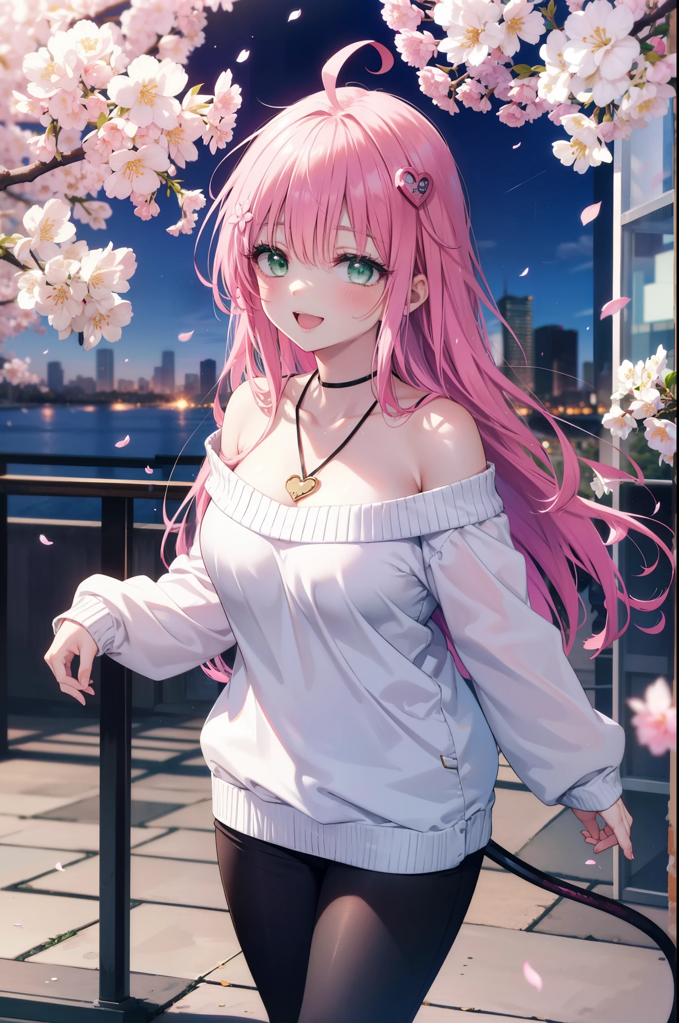 Lara Deviluke, Lara Deviluke, Long Hair, Pink Hair, tail, Ahoge, bangs, hair ornaments, (Green Eyes:1.5), happy smile, smile, Open your mouth,demon tail,Off-the-shoulder sweater,Exposing shoulders,bare clavicle,Bare neck,Heart Pendant,Shorts,Black Pantyhose,short boots,Cherry blossoms are blooming,Cherry blossoms are scattered,Cherry blossom tree-lined path,Daytime,Clear skies,
break outdoors, city,ビル街
break looking at viewer, (Cowboy Shot:1. 5)
break (masterpiece:1.2), highest quality, High resolution, unity 8k w全てpaper, (shape:0.8), (beautiful detailed eyes:1.6), extremely detailed face, Perfect lighting, extremely detailed CG, (Perfect hands, Perfect Anatomy),