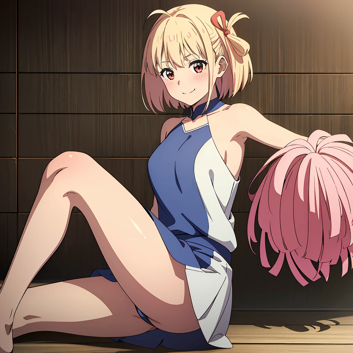 kanata_konoe, 1girl, solo,
((8k, RAW photo, highest quality, masterpiece), High detail RAW color photo professional close-up photo, (realistic, photo realism:1. 37), (highest quality), (best shadow), (best illustration), ahoge, bare shoulders, blush, breath, smile, solo, thighs, ((masterpiece)), sideface, very detailed face, cheerleader, pompons