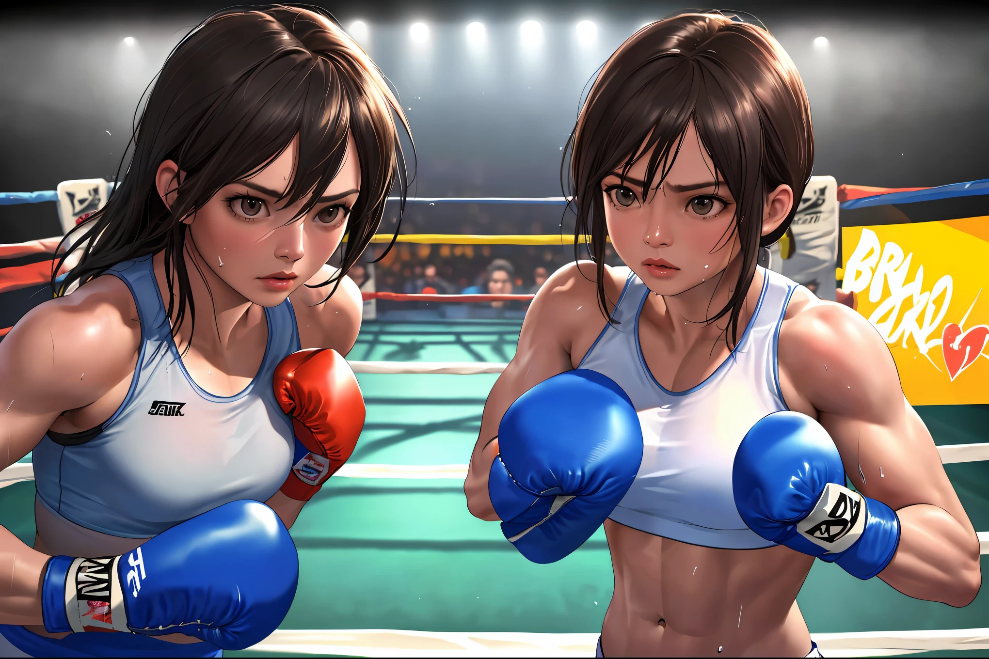 ,A boxer in a boxing ring,sweat,detailed muscle definition,power,intense,focus,boxing gloves,fast-paced,high adrenaline,concentration,(best quality,4k,8k,highres,masterpiece:1.2),ultra-detailed,(realistic,photorealistic,photo-realistic:1.37),HDR,UHD,studio lighting,professional,vivid colors