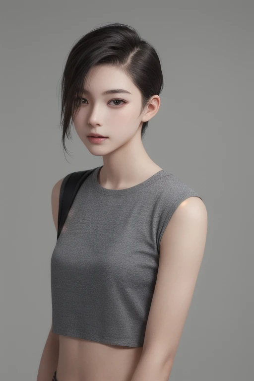 Natural Skin,(close:1.0) photograph (young:1.0) woman, (Oily skin:1.0), (diagonal angle shot:1.0), (Slick Undercut Hair:1.2), (8K Ultra HD:1.0), (highest quality:1.0), (masterpiece:1.0), (Sharp focus:1.0), (Basic Gray Background:1.0),